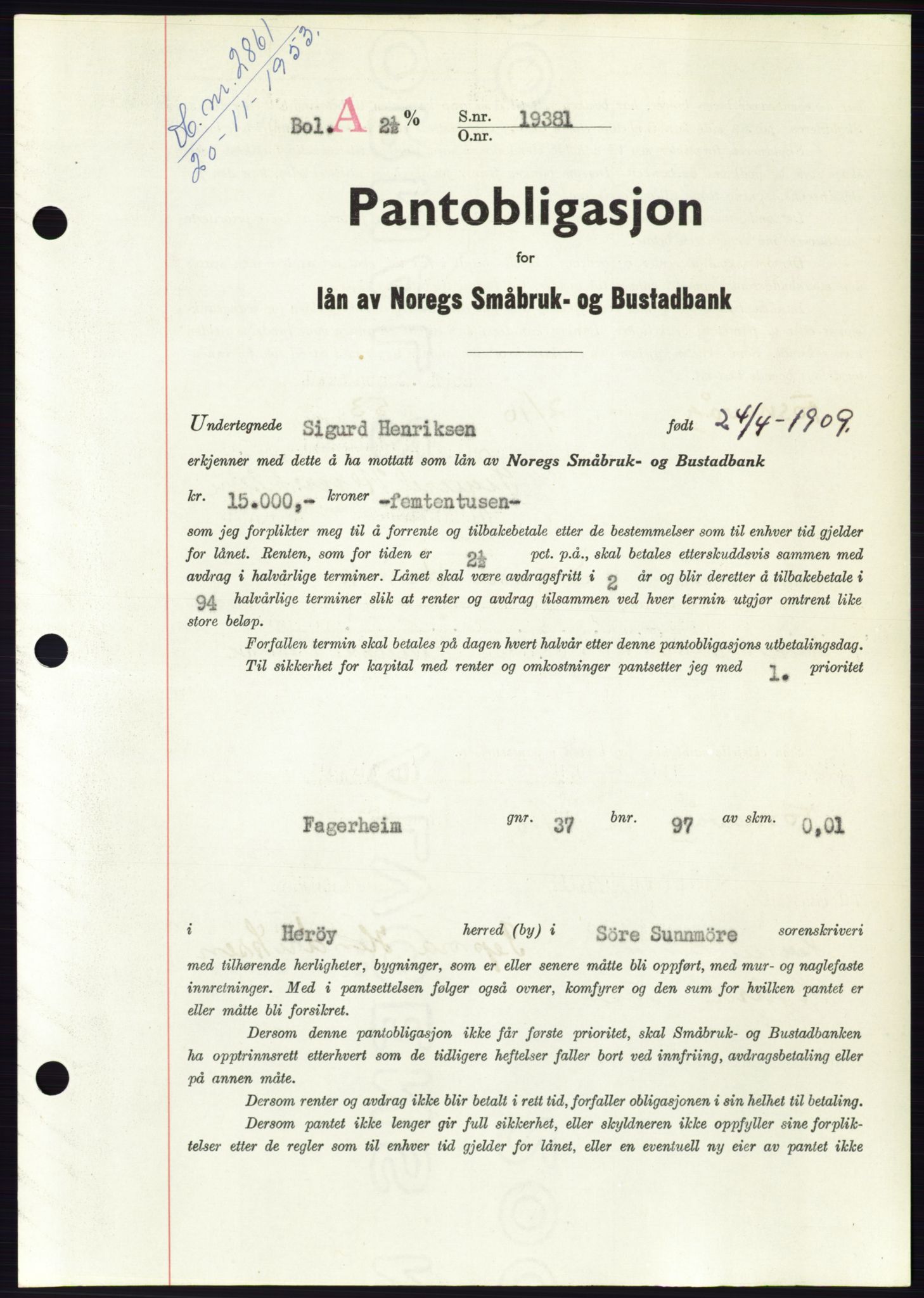 Søre Sunnmøre sorenskriveri, AV/SAT-A-4122/1/2/2C/L0124: Mortgage book no. 12B, 1953-1954, Diary no: : 2861/1953