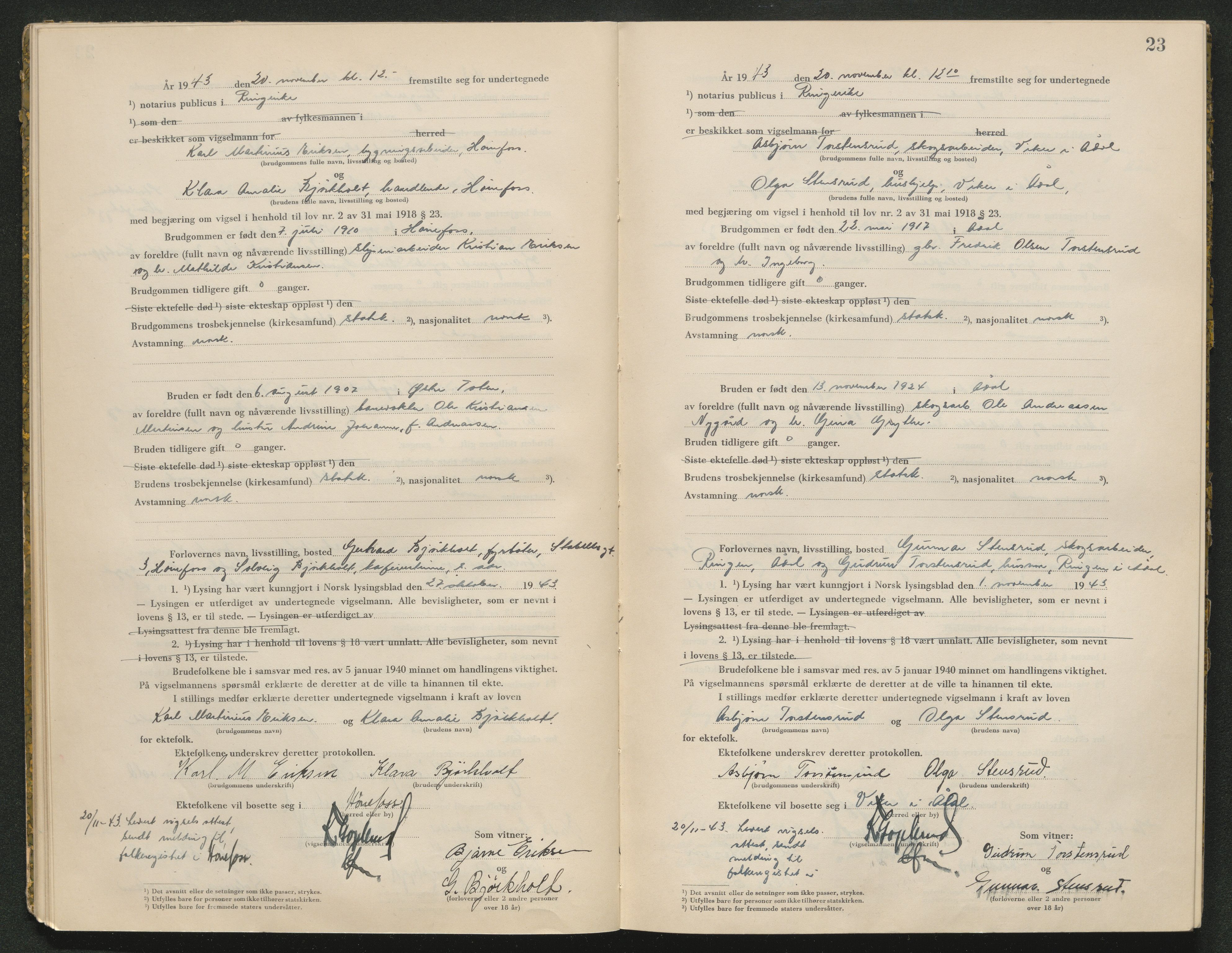 Ringerike sorenskriveri, AV/SAKO-A-105/L/Lc/L0003: Vigselsbok, 1943-1944, p. 23