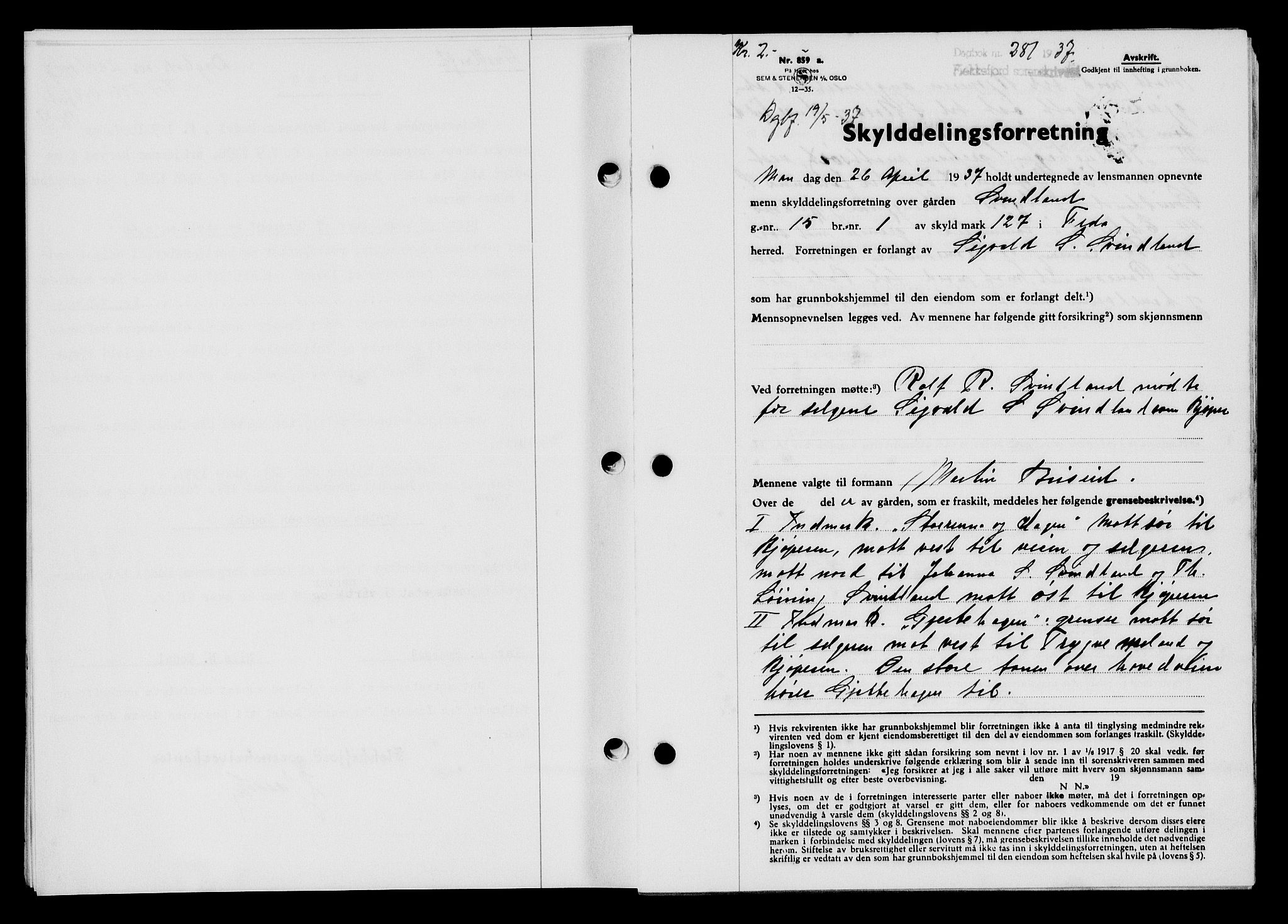 Flekkefjord sorenskriveri, SAK/1221-0001/G/Gb/Gba/L0053: Mortgage book no. A-1, 1936-1937, Diary no: : 281/1937