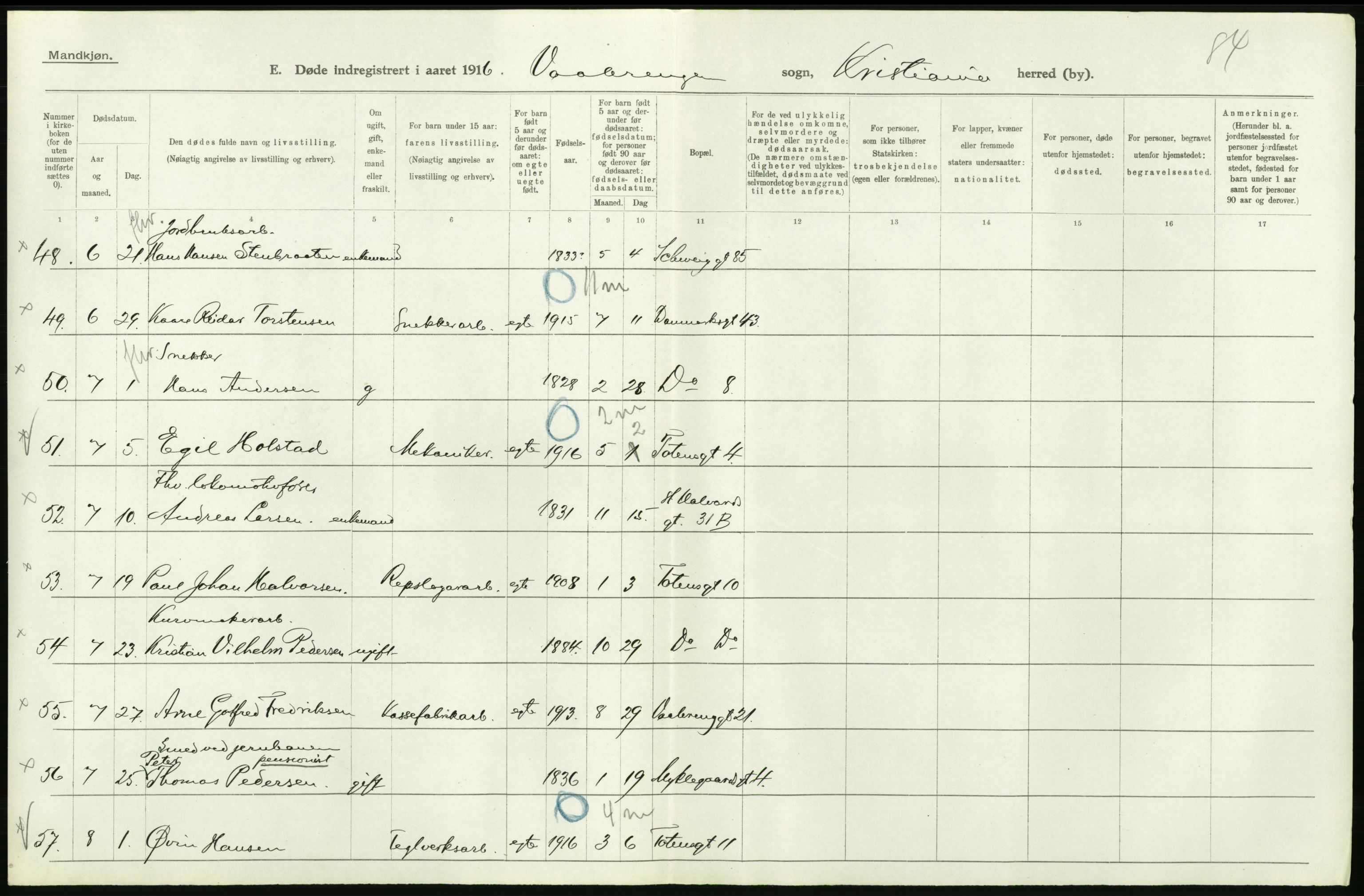 Statistisk sentralbyrå, Sosiodemografiske emner, Befolkning, AV/RA-S-2228/D/Df/Dfb/Dfbf/L0009: Kristiania: Døde., 1916, p. 370