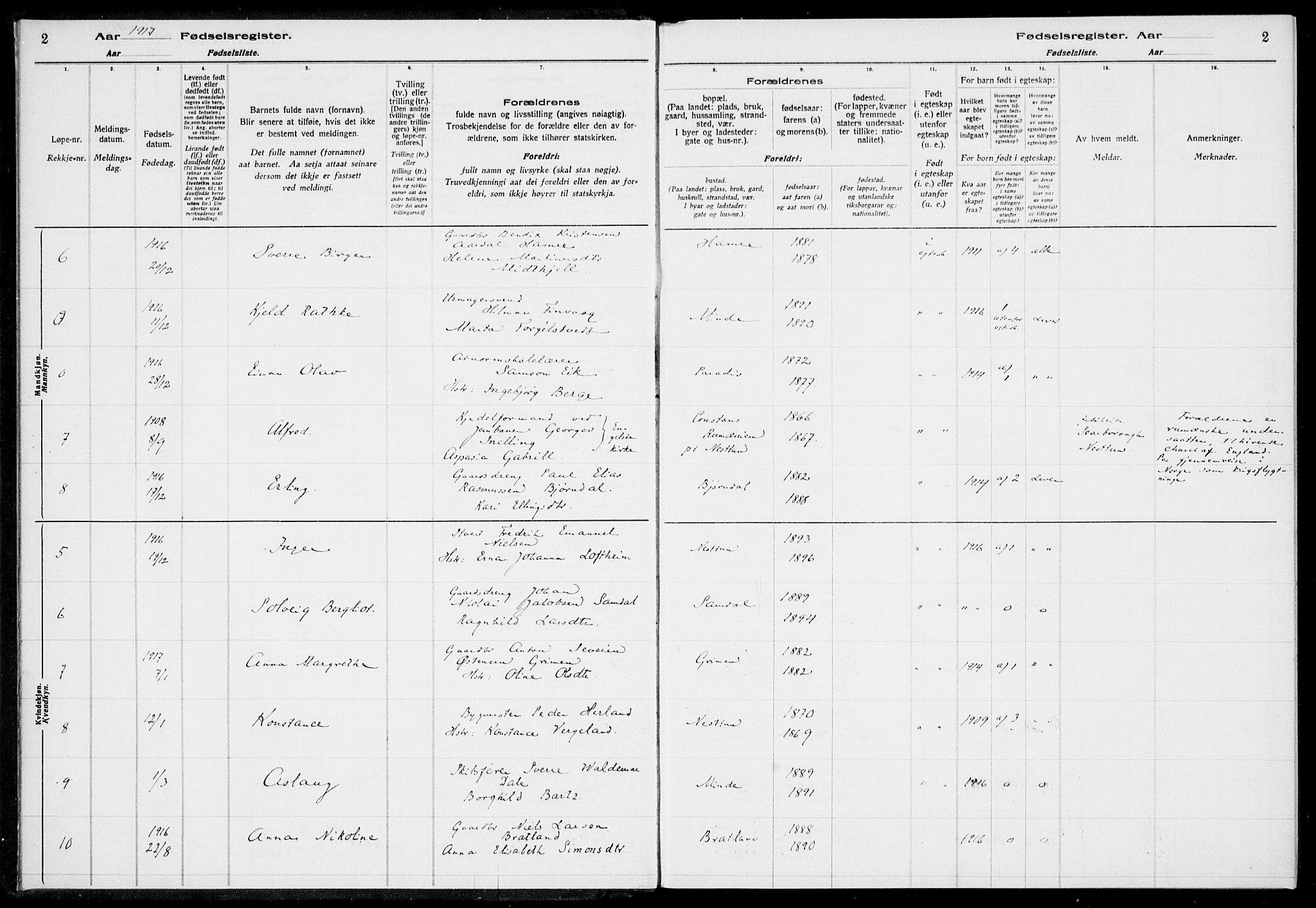 Birkeland Sokneprestembete, AV/SAB-A-74601/I/Id/L00A1: Birth register no. A 1, 1916-1926, p. 2