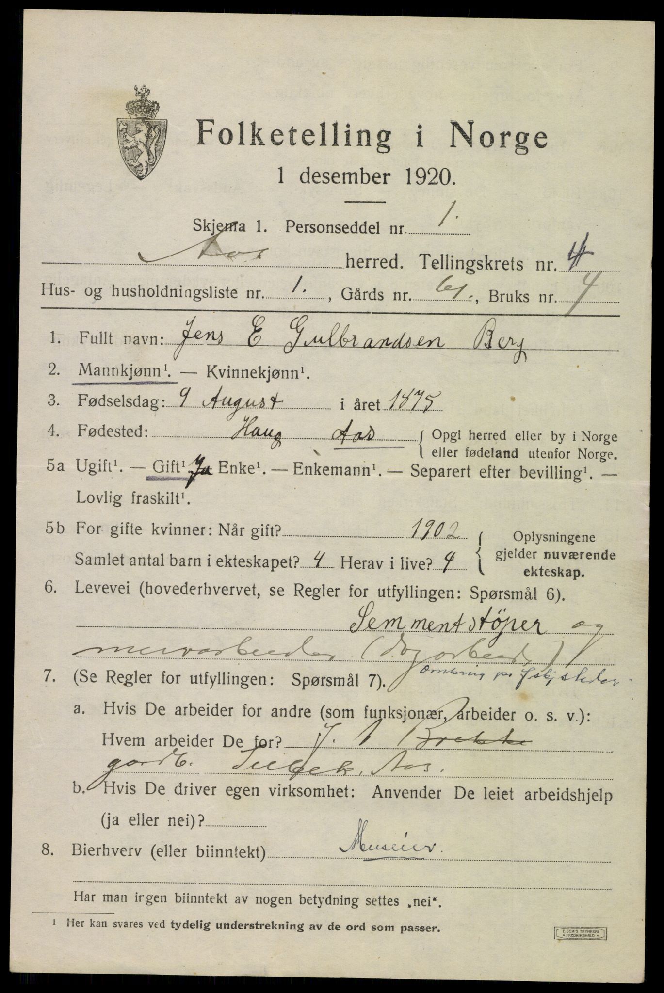 SAO, 1920 census for Ås, 1920, p. 4726