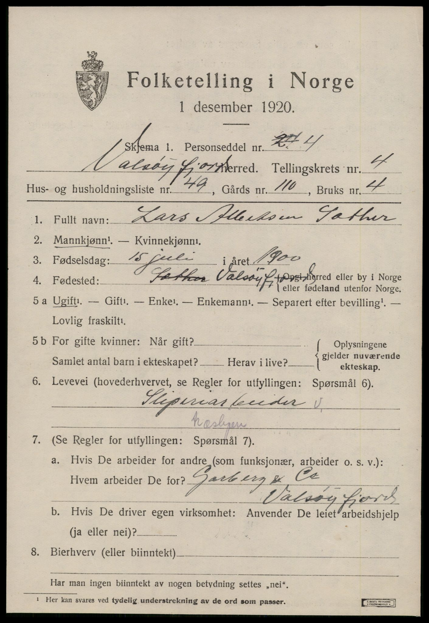 SAT, 1920 census for Valsøyfjord, 1920, p. 2375