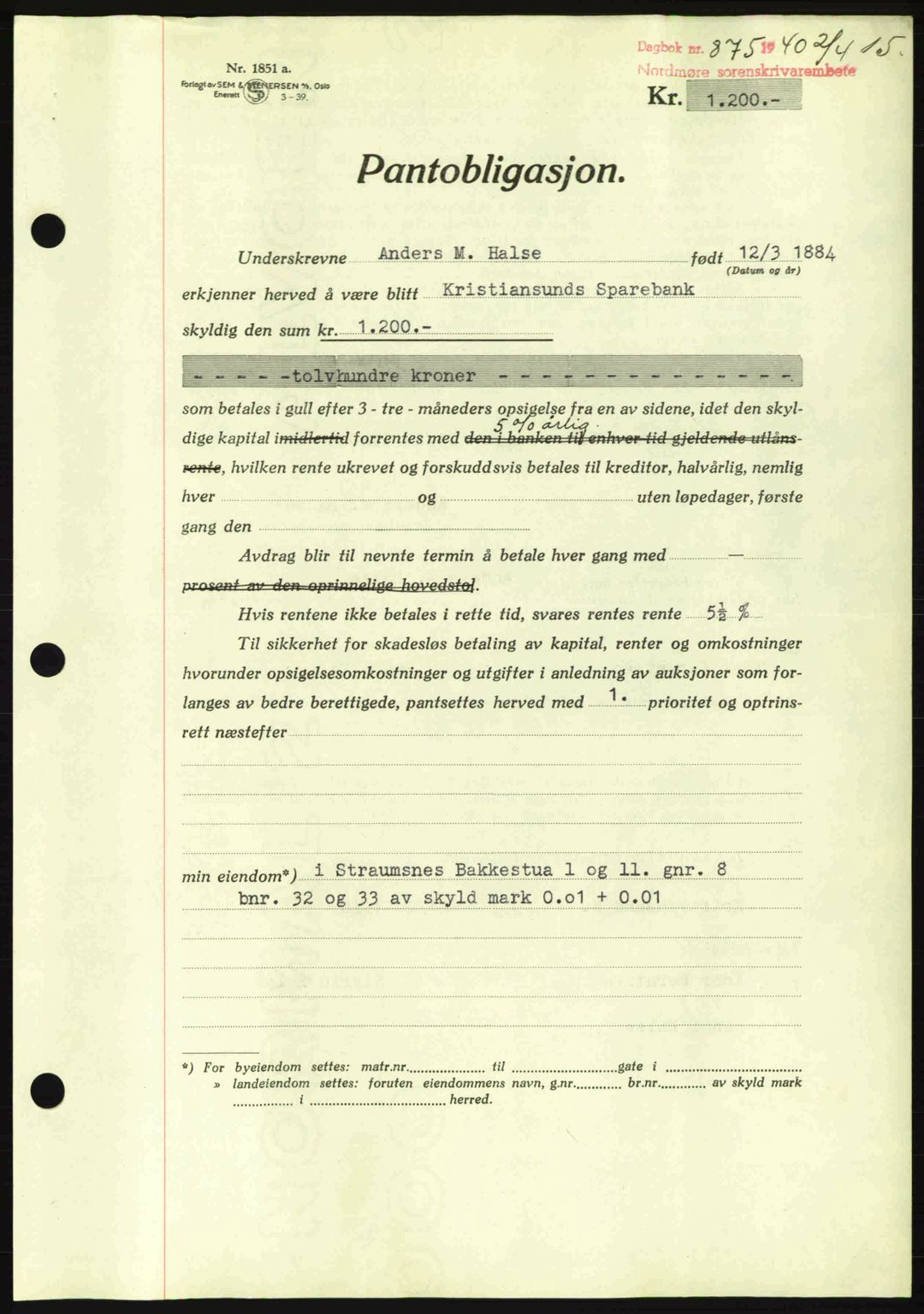 Nordmøre sorenskriveri, AV/SAT-A-4132/1/2/2Ca: Mortgage book no. B87, 1940-1941, Diary no: : 875/1940