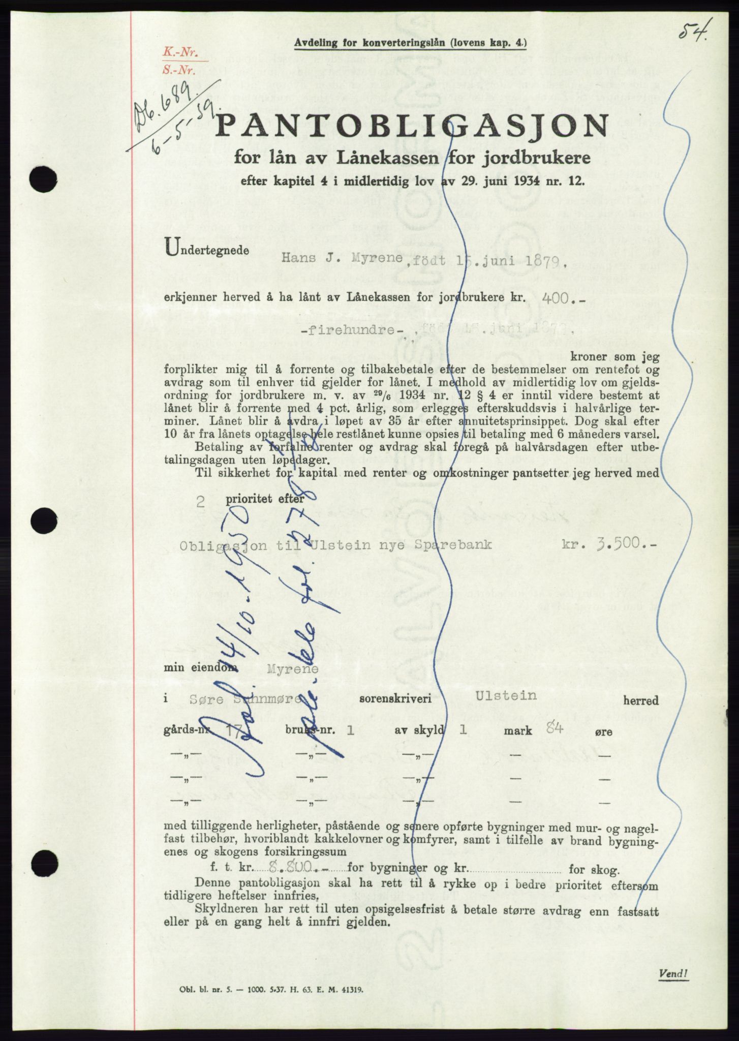 Søre Sunnmøre sorenskriveri, AV/SAT-A-4122/1/2/2C/L0068: Mortgage book no. 62, 1939-1939, Diary no: : 689/1939