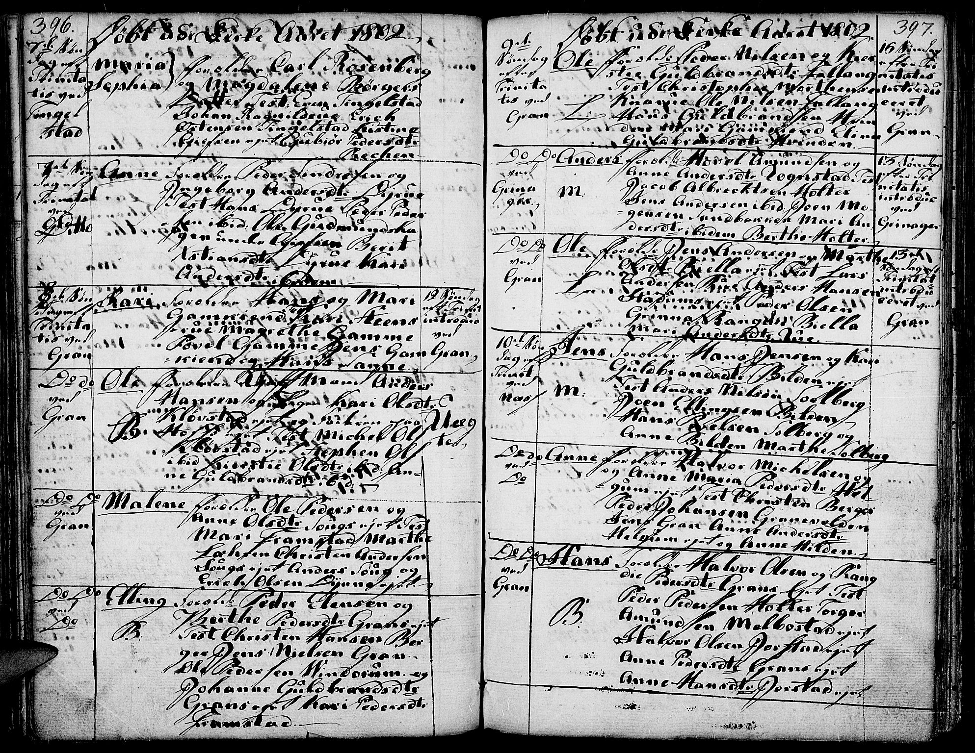 Gran prestekontor, AV/SAH-PREST-112/H/Ha/Haa/L0006: Parish register (official) no. 6, 1787-1824, p. 396-397