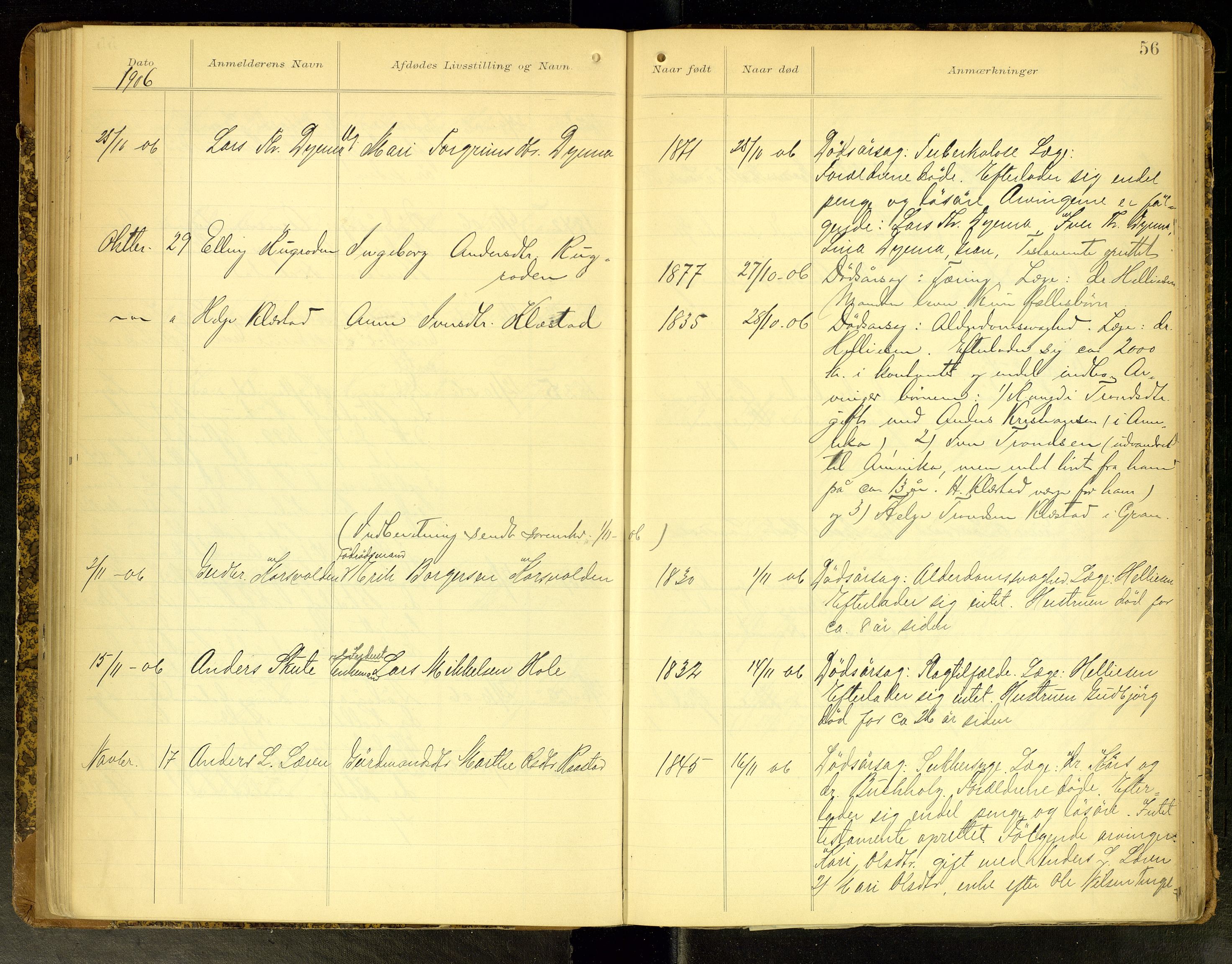 Gran lensmannskontor, AV/SAH-LOG-010/H/Ha/L0002: Dødsfallsprotokoll, 1899-1917, p. 56