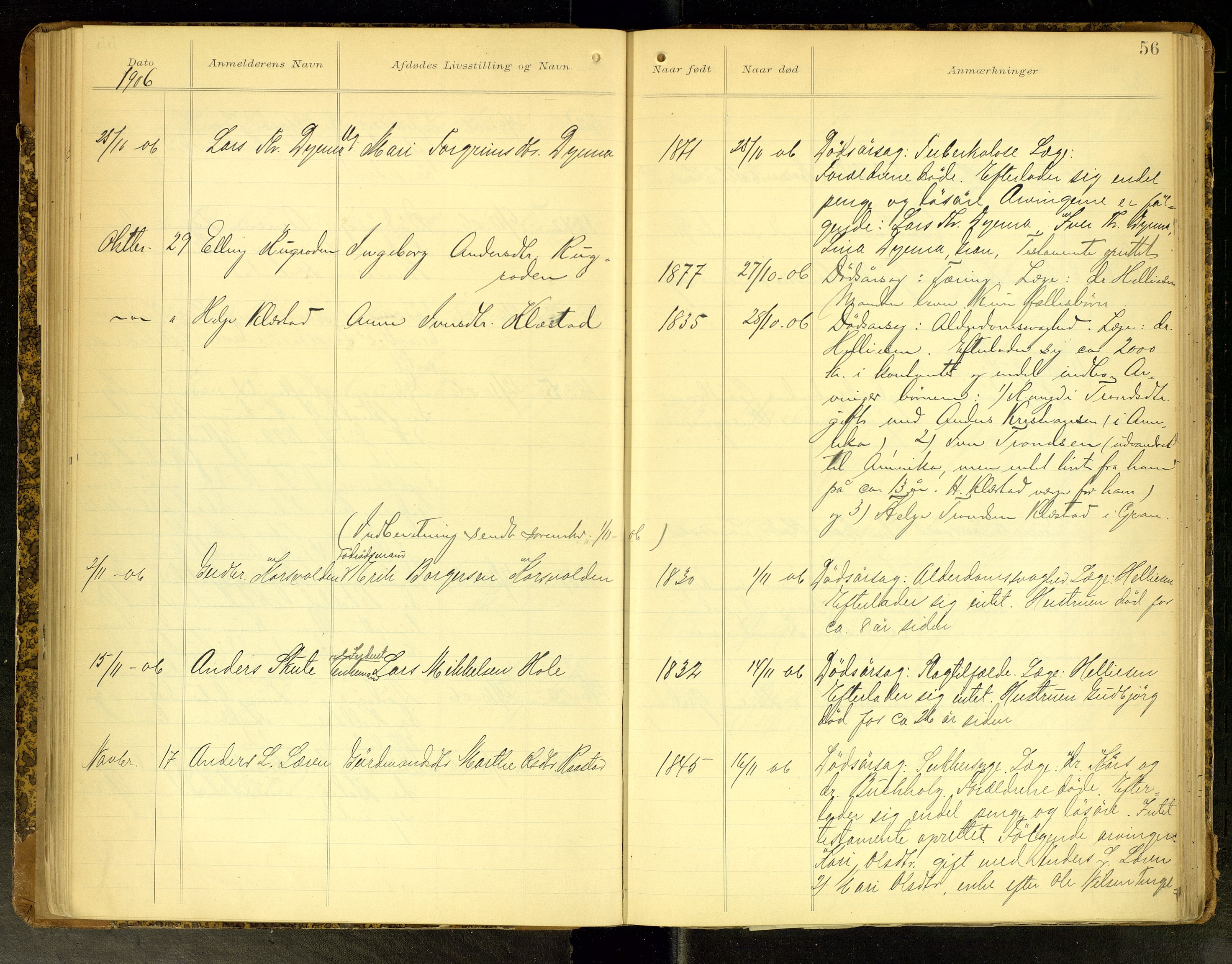 Gran lensmannskontor, SAH/LOG-010/H/Ha/L0002: Dødsfallsprotokoll, 1899-1917, p. 56