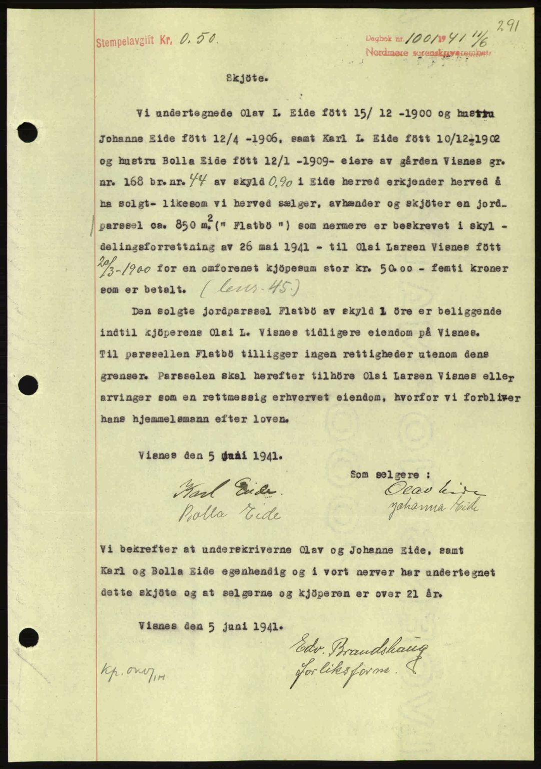 Nordmøre sorenskriveri, SAT/A-4132/1/2/2Ca: Mortgage book no. A90, 1941-1941, Diary no: : 1001/1941