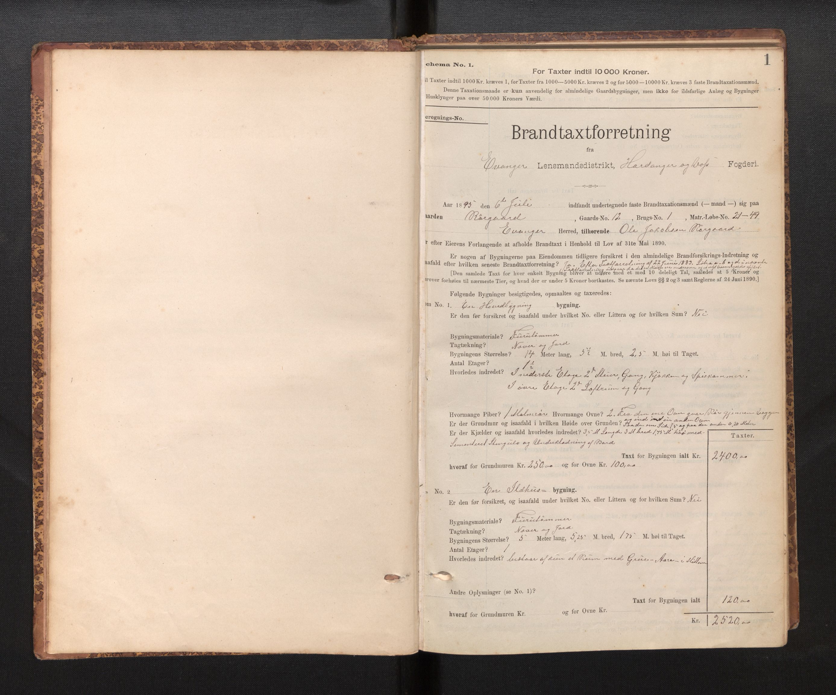 Lensmannen i Evanger, SAB/A-31701/0012/L0005: Branntakstprotokoll, skjematakst, 1895-1935, p. 1