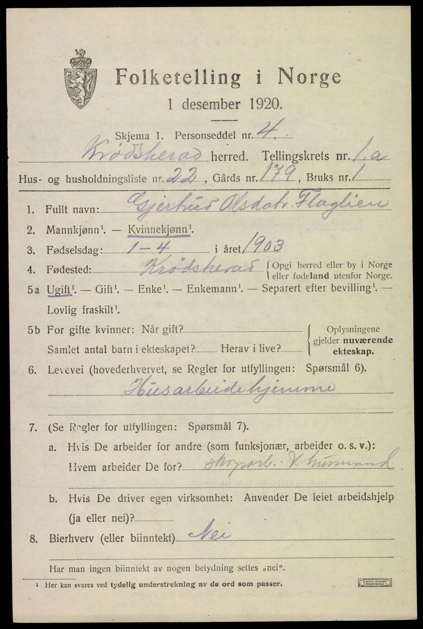 SAKO, 1920 census for Krødsherad, 1920, p. 1157