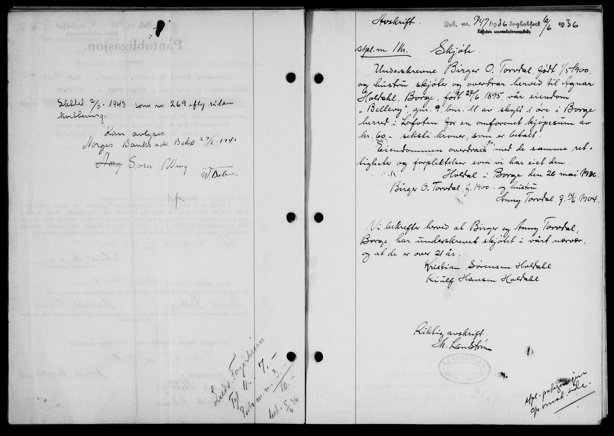 Lofoten sorenskriveri, SAT/A-0017/1/2/2C/L0033b: Mortgage book no. 33b, 1936-1936, Diary no: : 947/1936