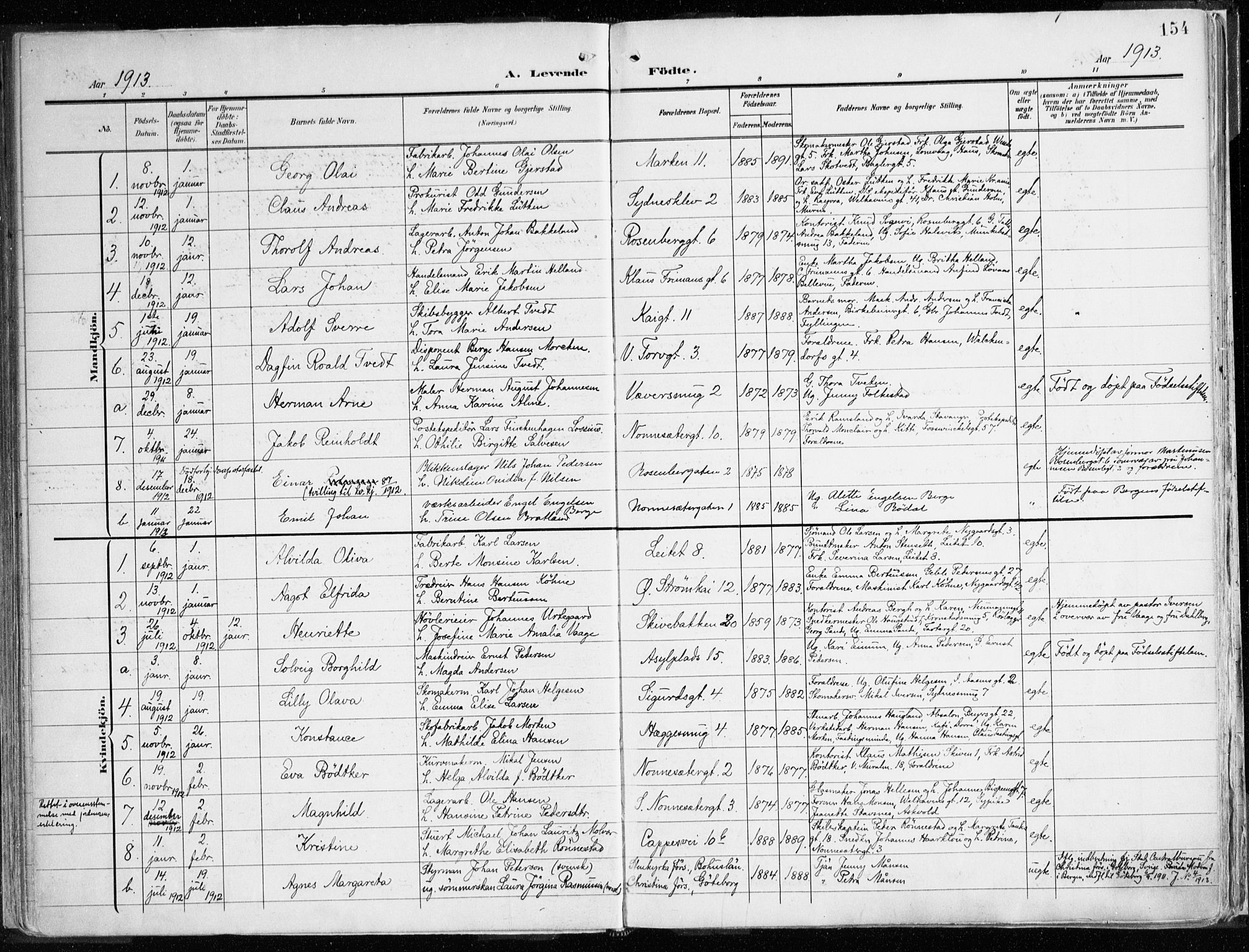 Domkirken sokneprestembete, AV/SAB-A-74801/H/Haa/L0025: Parish register (official) no. B 8, 1903-1925, p. 154