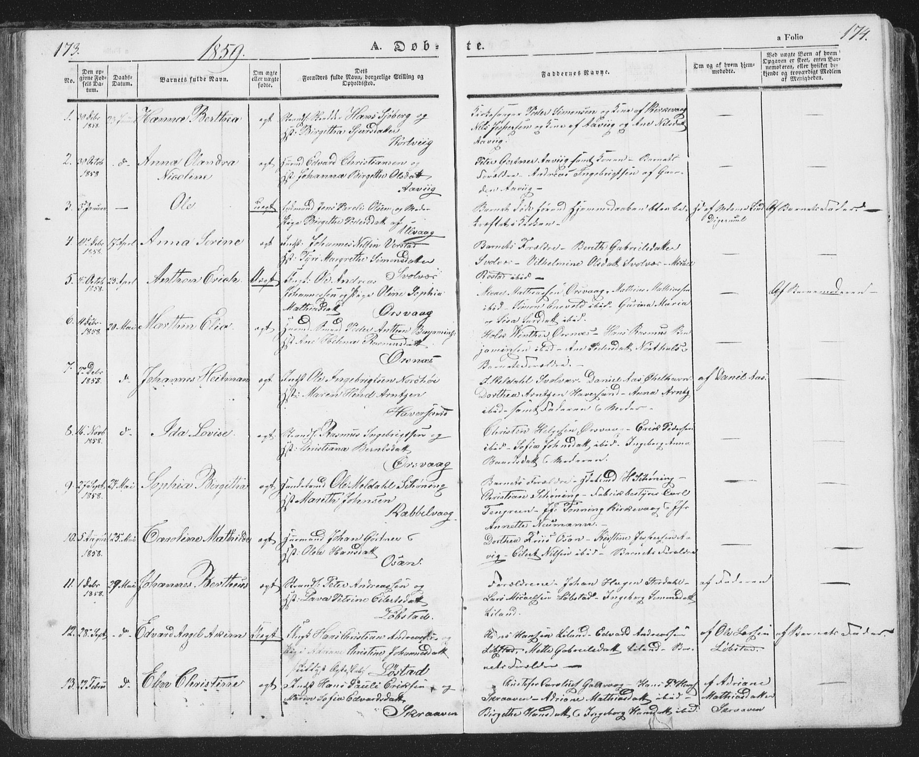 Ministerialprotokoller, klokkerbøker og fødselsregistre - Nordland, SAT/A-1459/874/L1072: Parish register (copy) no. 874C01, 1843-1859, p. 173-174