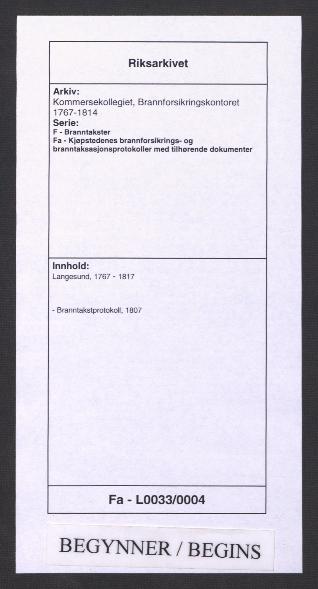 Kommersekollegiet, Brannforsikringskontoret 1767-1814, RA/EA-5458/F/Fa/L0033/0004: Langesund / Branntakstprotokoll, 1807