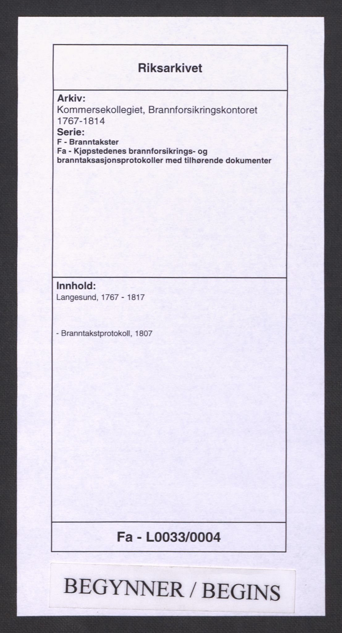 Kommersekollegiet, Brannforsikringskontoret 1767-1814, AV/RA-EA-5458/F/Fa/L0033/0004: Langesund / Branntakstprotokoll, 1807