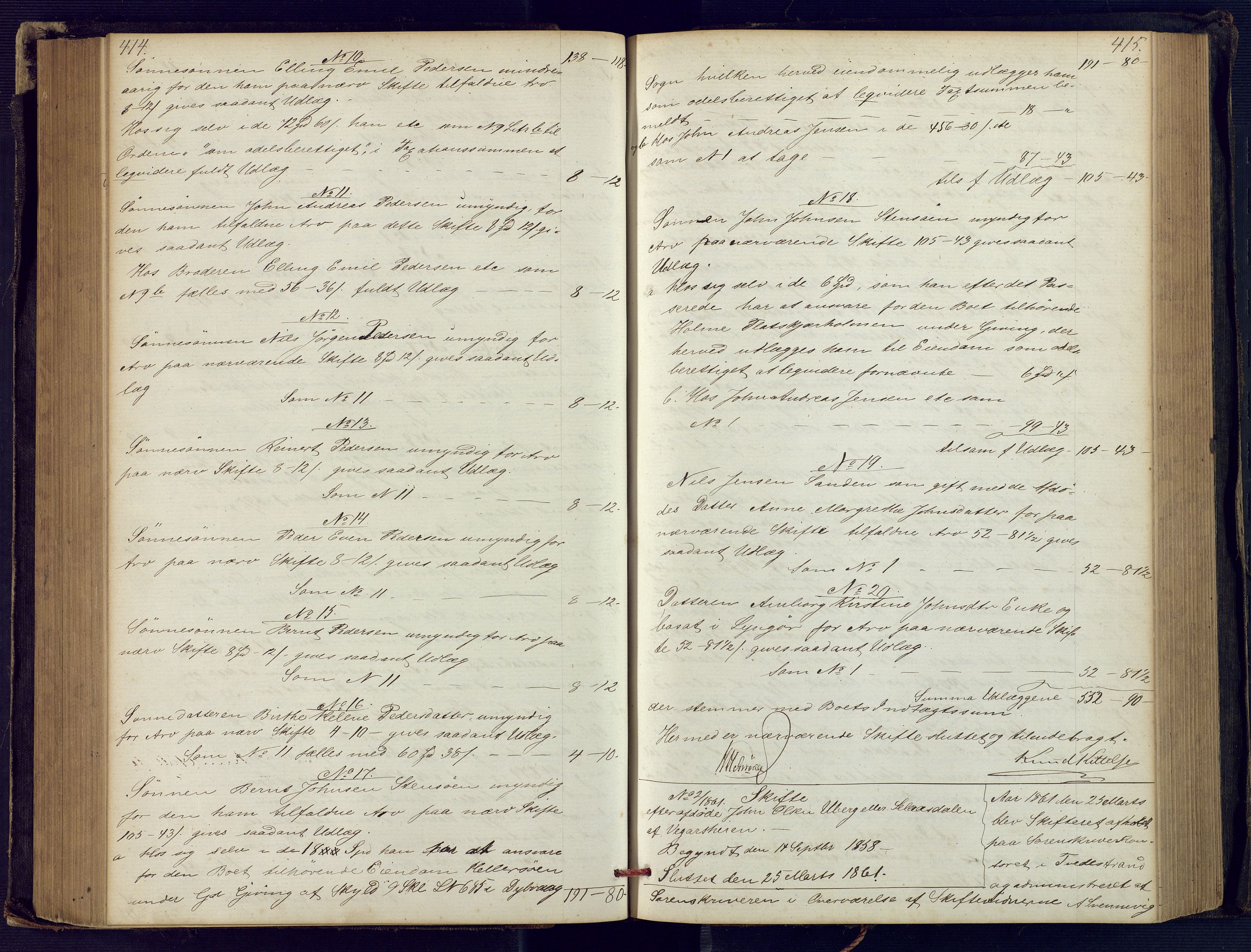 Holt sorenskriveri, SAK/1221-0002/H/Hc/L0029: Skifteutlodningsprotokoll nr. 4 med løst register, 1857-1862, p. 414-415