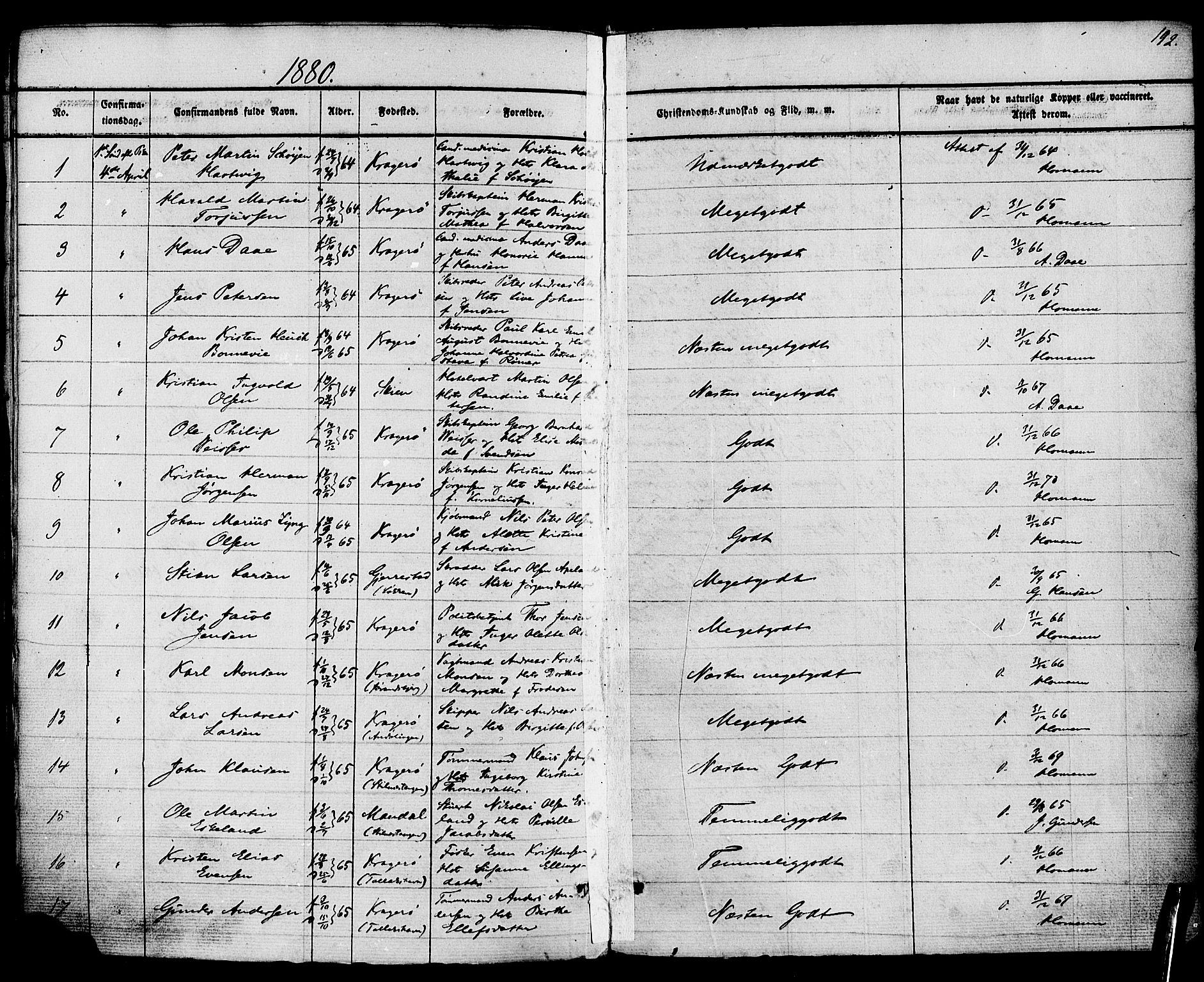Kragerø kirkebøker, SAKO/A-278/F/Fa/L0008: Parish register (official) no. 8, 1856-1880, p. 192