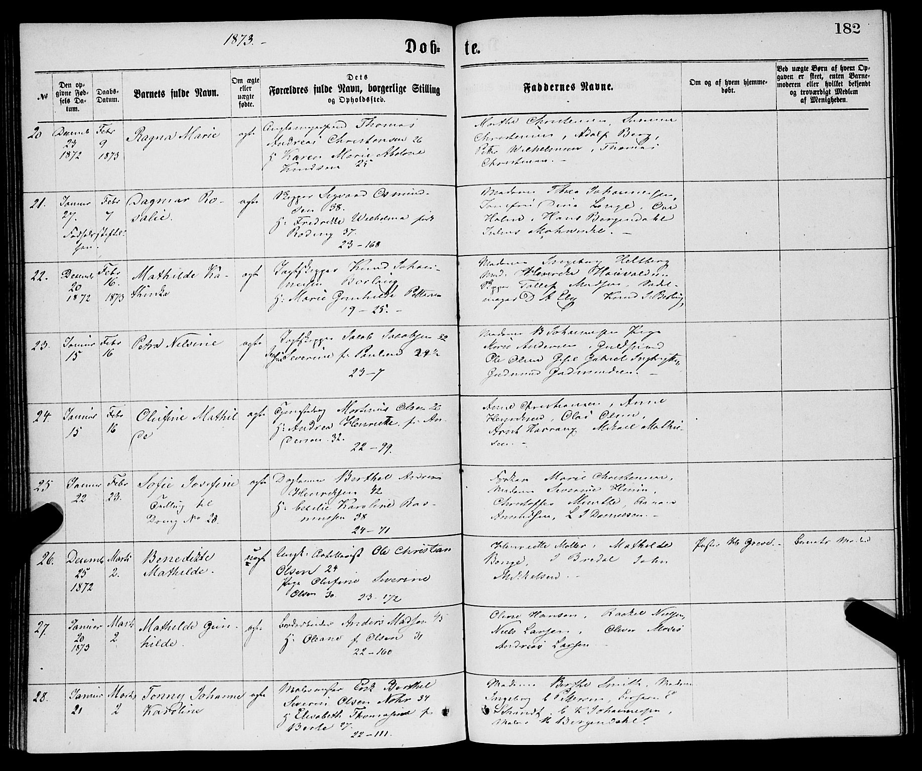 Korskirken sokneprestembete, AV/SAB-A-76101/H/Haa/L0020: Parish register (official) no. B 6, 1871-1878, p. 182