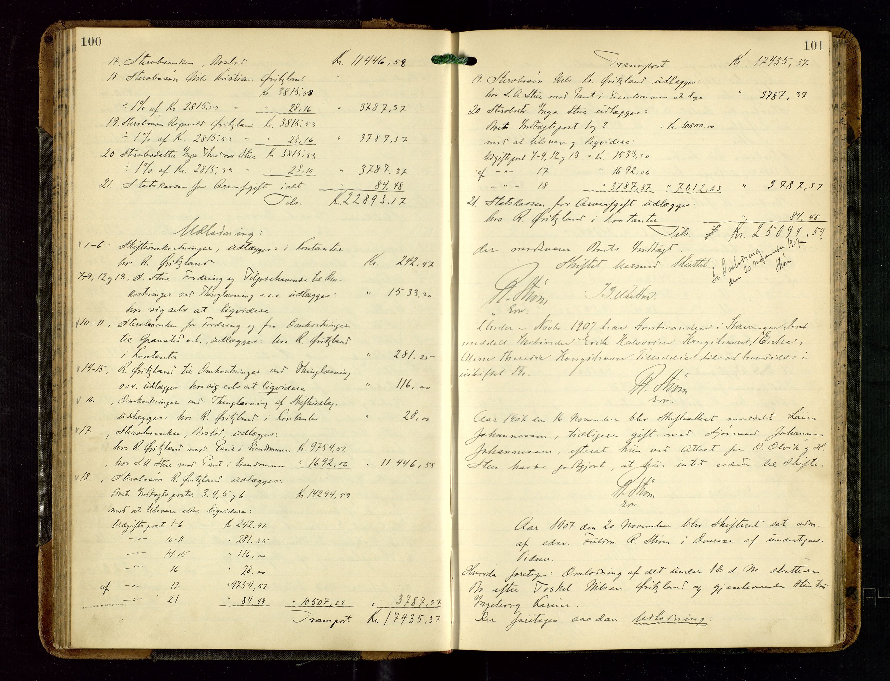 Haugesund tingrett, AV/SAST-A-101415/01/IV/IVD/L0002: Skifteutlodningsprotokoll, med register, 1904-1915, p. 100-101
