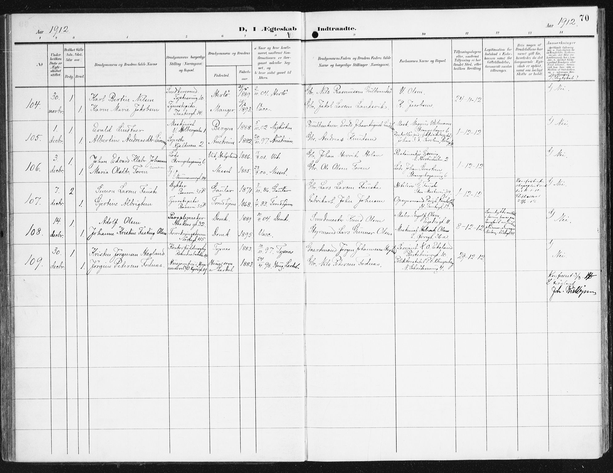 Domkirken sokneprestembete, AV/SAB-A-74801/H/Haa/L0038: Parish register (official) no. D 5, 1906-1921, p. 70