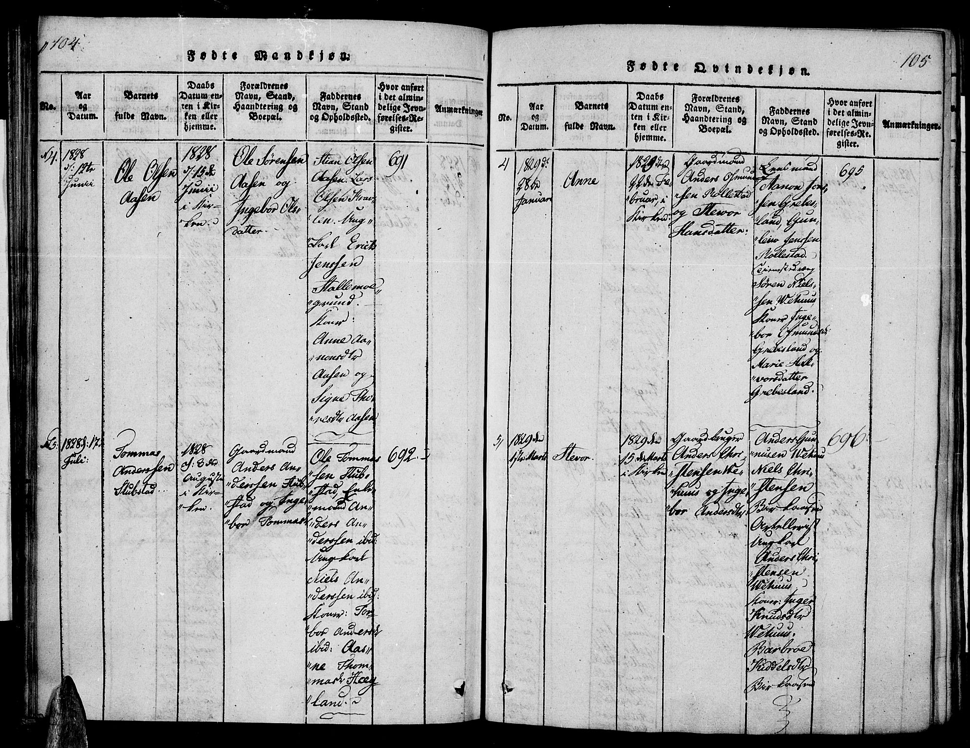 Vennesla sokneprestkontor, SAK/1111-0045/Fa/Fac/L0003: Parish register (official) no. A 3, 1820-1834, p. 104-105
