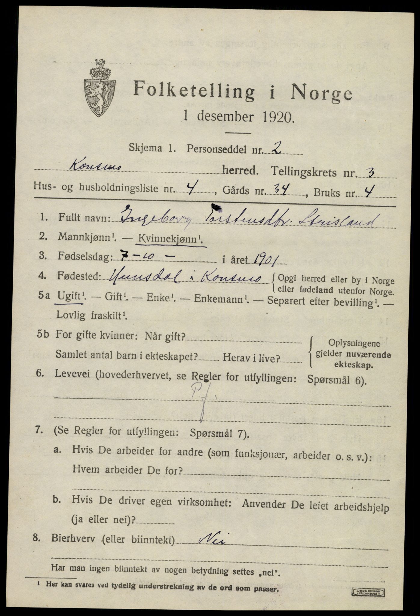 SAK, 1920 census for Konsmo, 1920, p. 1156