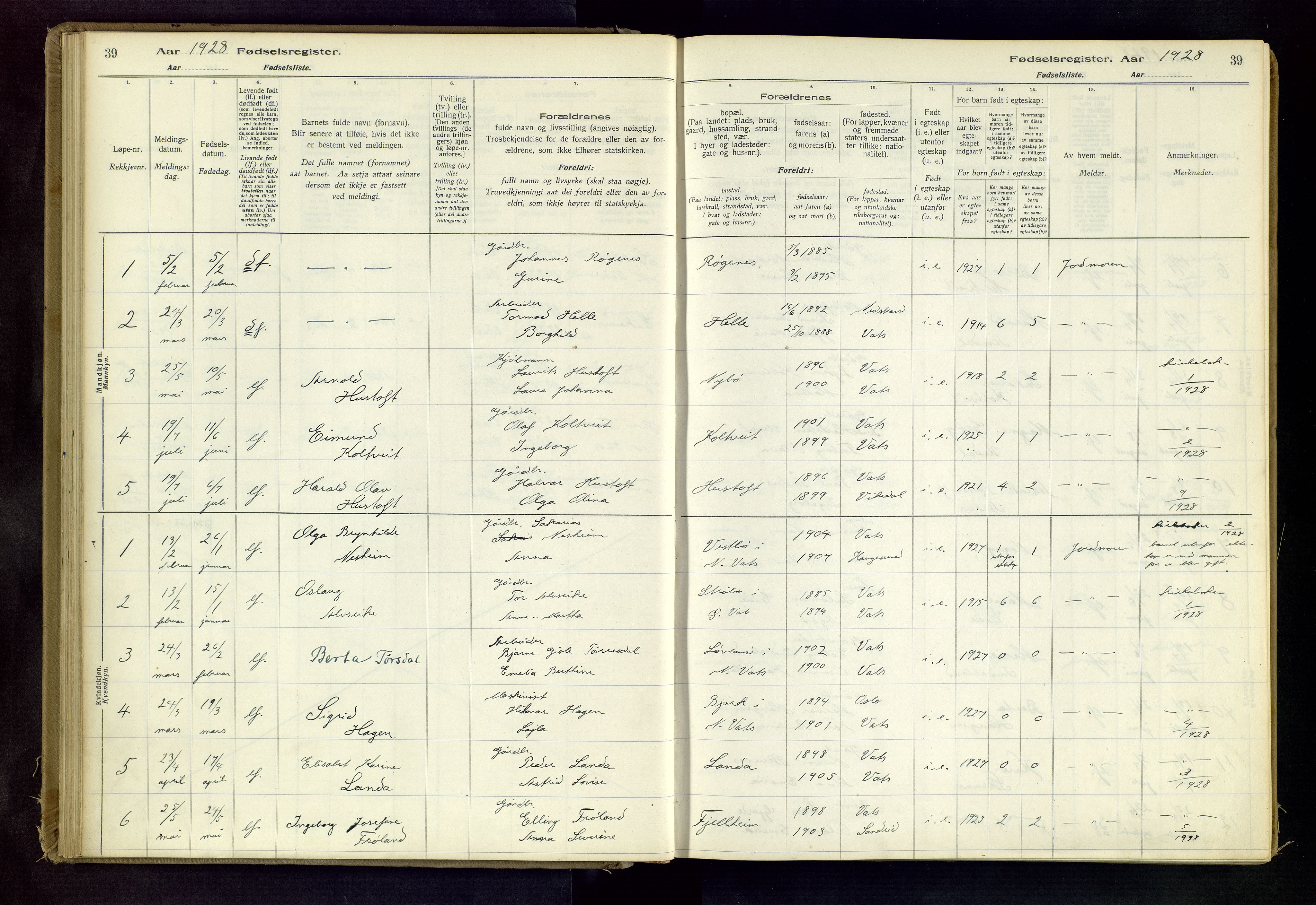 Skjold sokneprestkontor, AV/SAST-A-101847/I/Id/L0003: Birth register no. 3, 1917-1982, p. 39