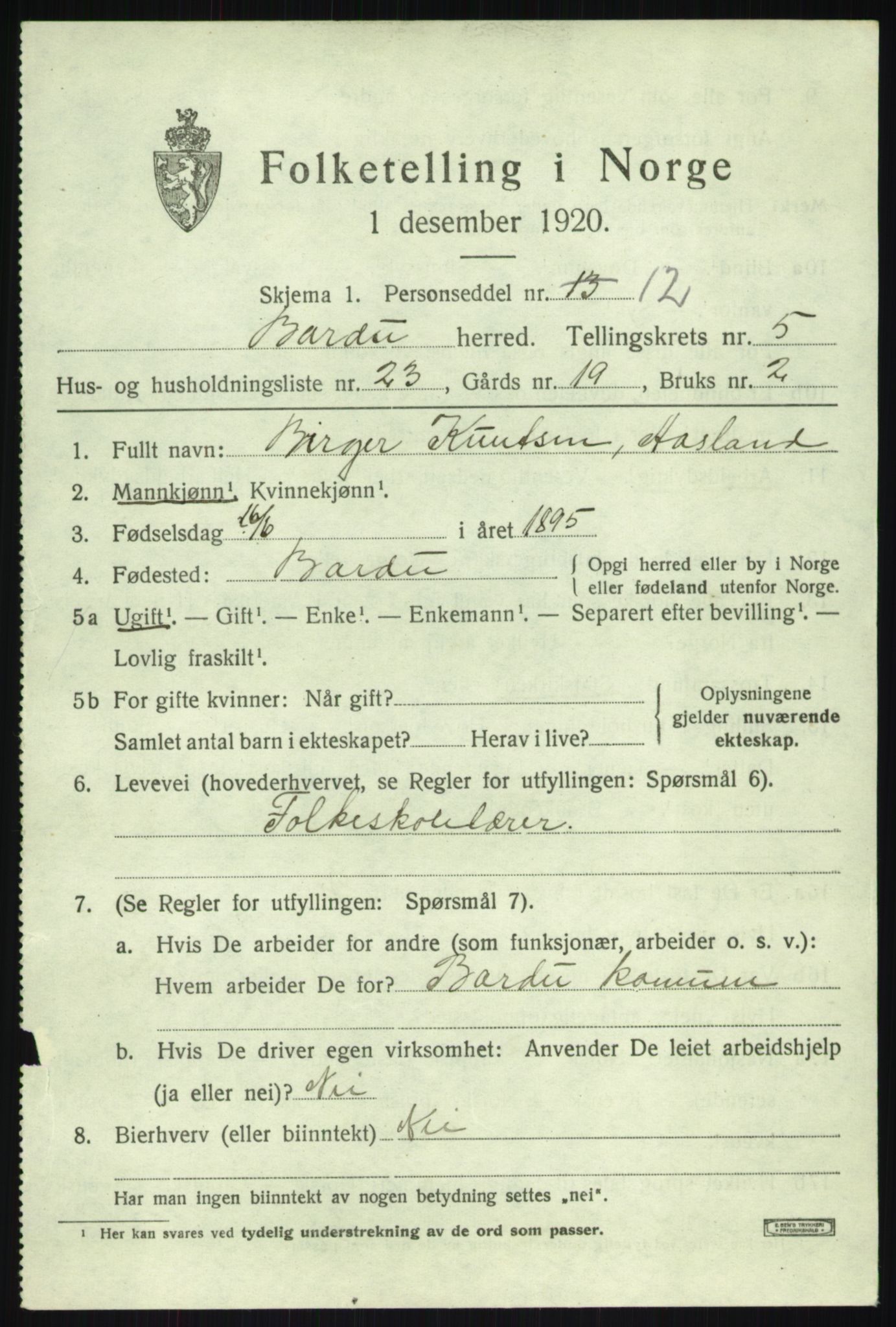 SATØ, 1920 census for Bardu, 1920, p. 2452