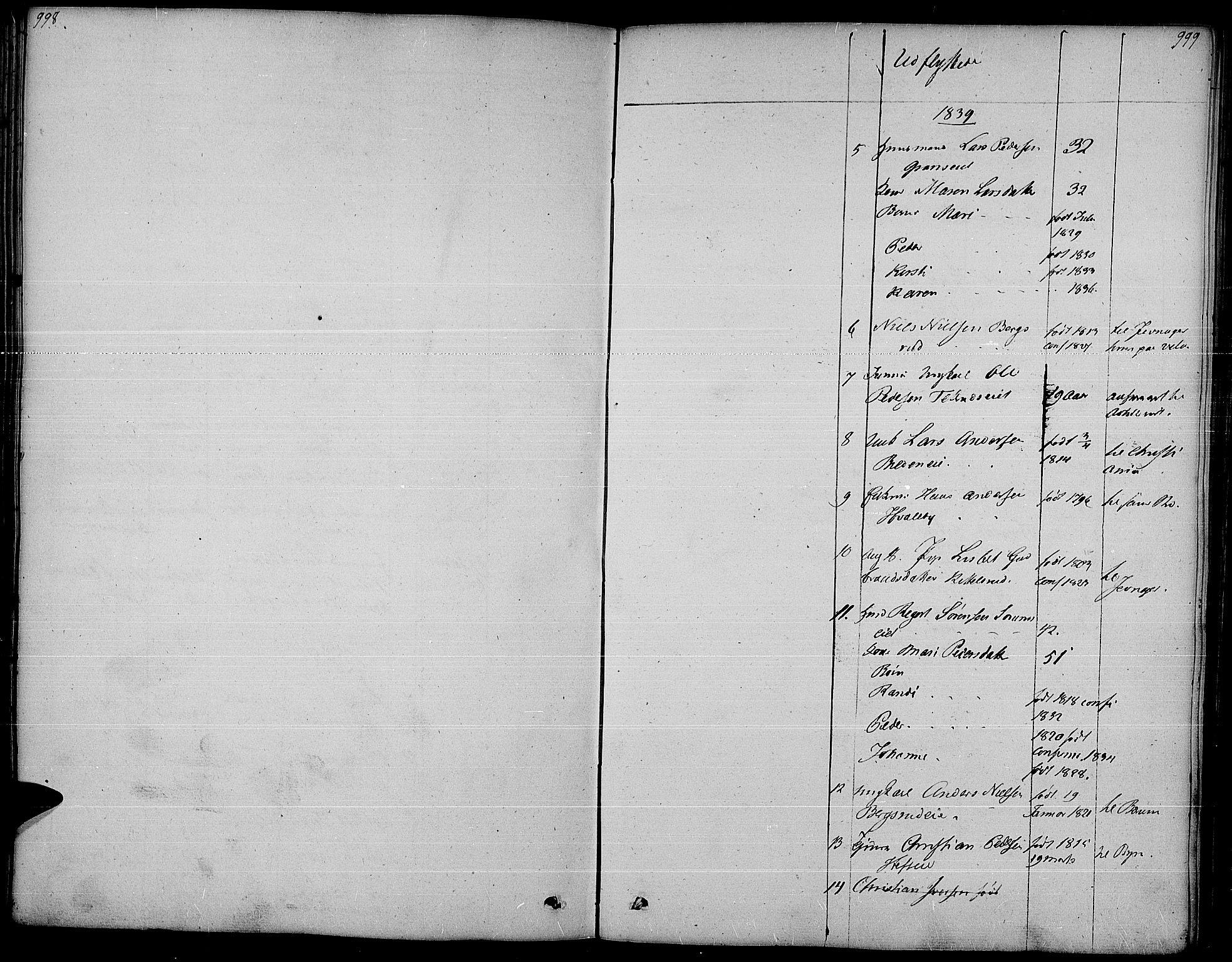 Gran prestekontor, SAH/PREST-112/H/Ha/Haa/L0010: Parish register (official) no. 10, 1824-1842, p. 998-999