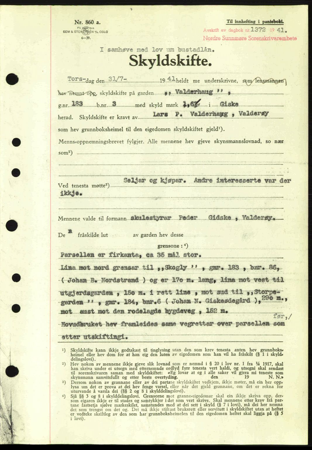 Nordre Sunnmøre sorenskriveri, AV/SAT-A-0006/1/2/2C/2Ca: Mortgage book no. A11, 1941-1941, Diary no: : 1372/1941