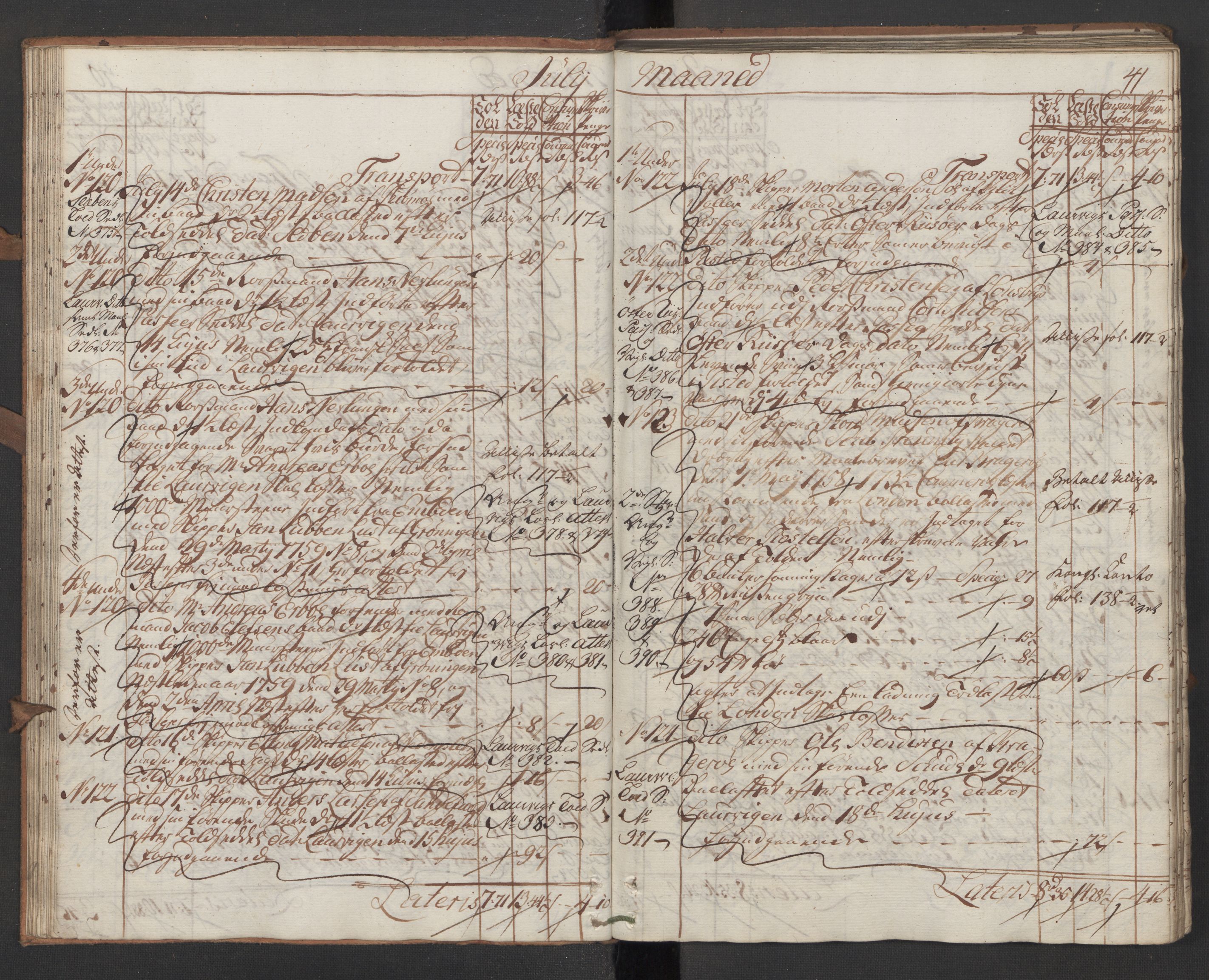 Generaltollkammeret, tollregnskaper, AV/RA-EA-5490/R13/L0028/0001: Tollregnskaper Kragerø / Inngående hovedtollbok, 1760, p. 40b-41a