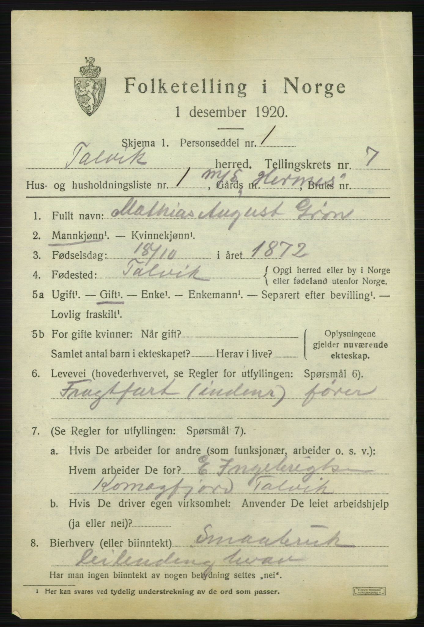 SATØ, 1920 census for Talvik, 1920, p. 4050