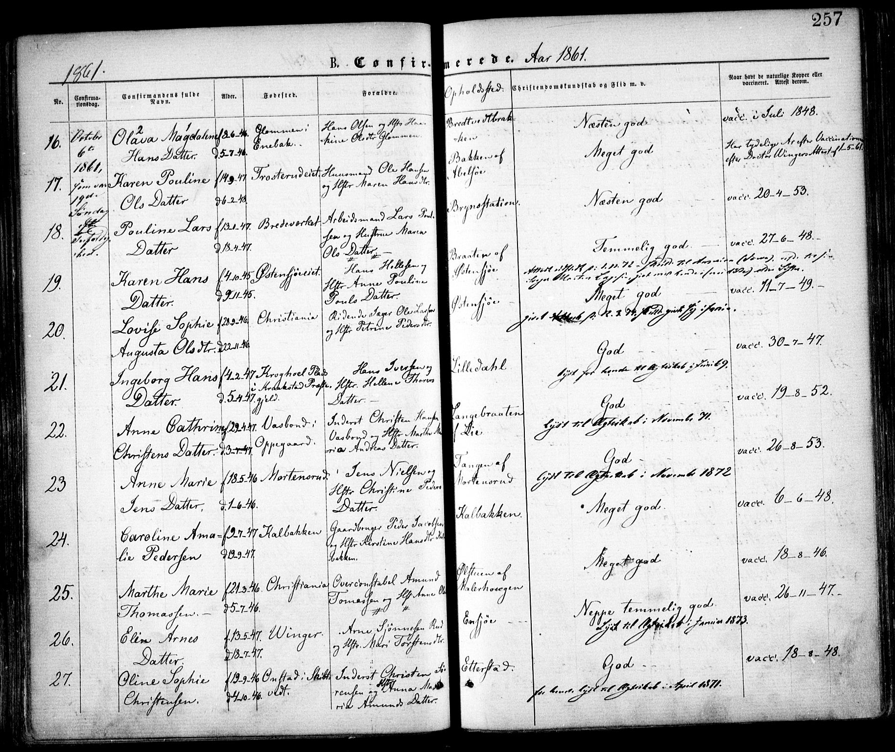 Østre Aker prestekontor Kirkebøker, AV/SAO-A-10840/F/Fa/L0001: Parish register (official) no. I 1, 1861-1869, p. 257