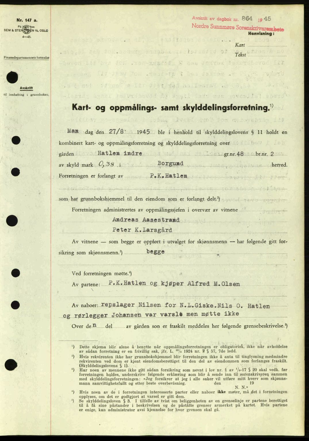 Nordre Sunnmøre sorenskriveri, AV/SAT-A-0006/1/2/2C/2Ca: Mortgage book no. A20a, 1945-1945, Diary no: : 864/1945