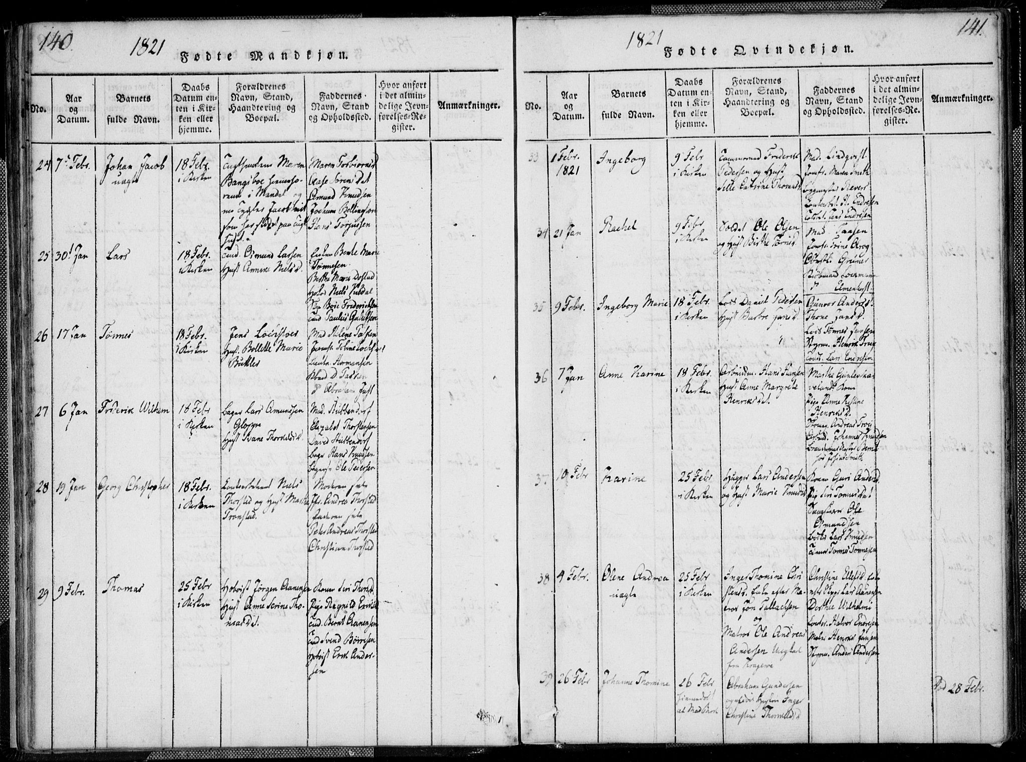 Kristiansand domprosti, SAK/1112-0006/F/Fa/L0008: Parish register (official) no. A 8, 1818-1821, p. 140-141