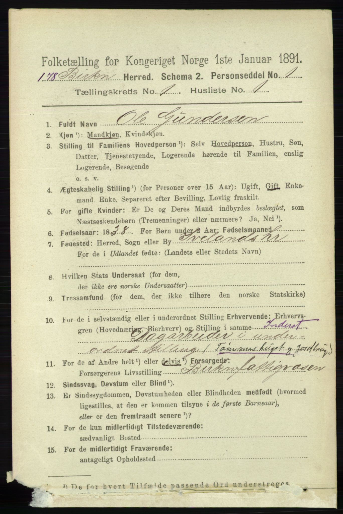 RA, 1891 Census for 0928 Birkenes, 1891, p. 93