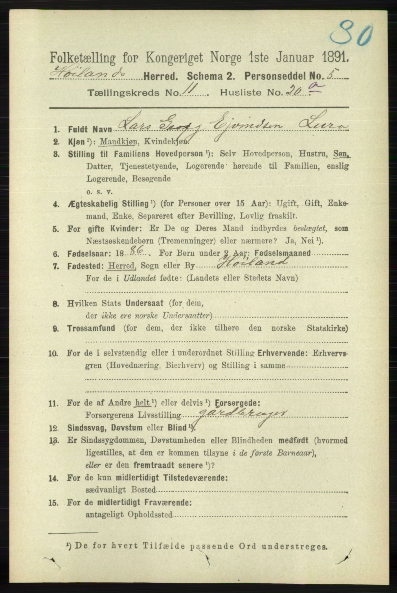 RA, 1891 census for 1123 Høyland, 1891, p. 4593