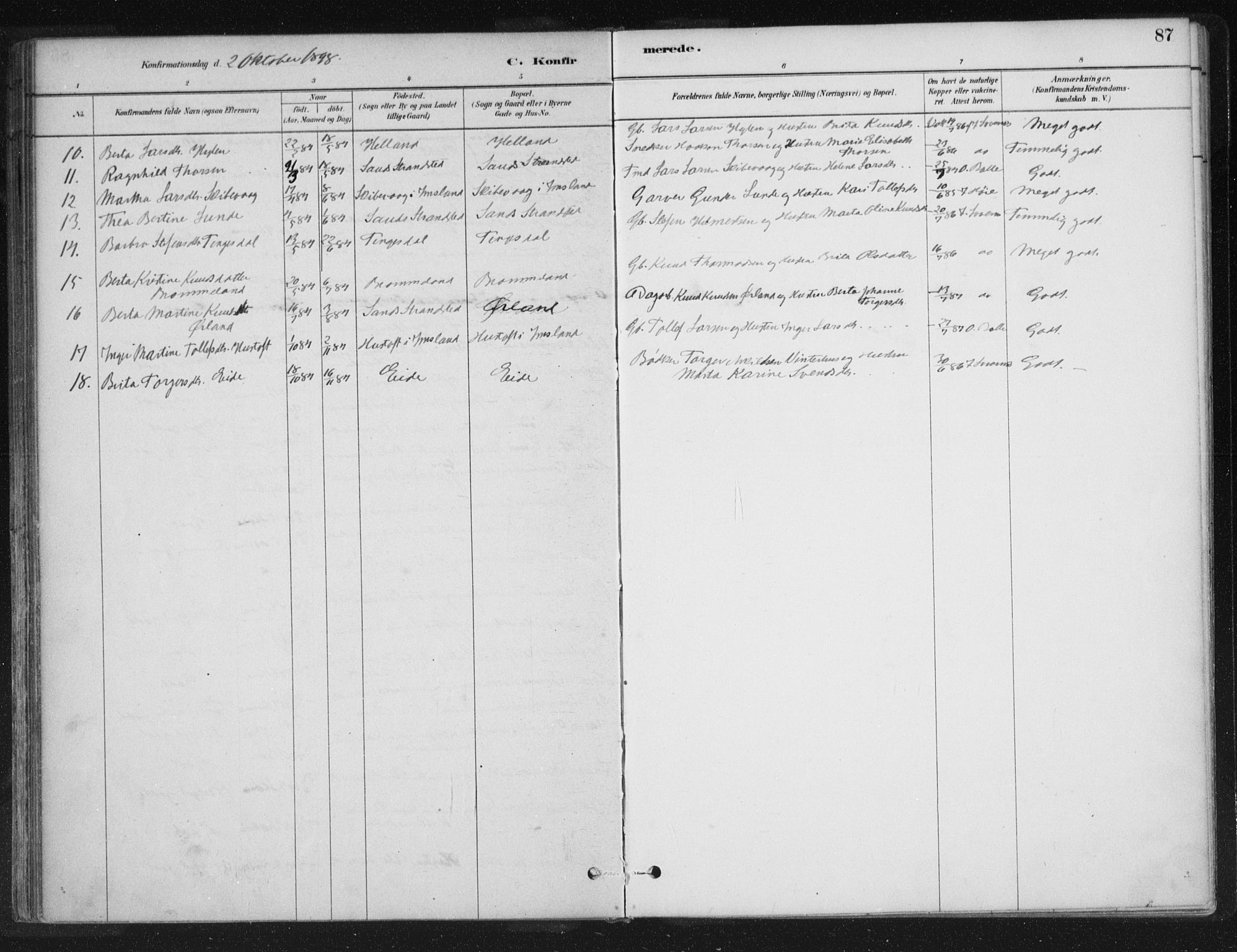 Sand sokneprestkontor, AV/SAST-A-101848/01/III/L0005: Parish register (official) no. A 5, 1880-1898, p. 87