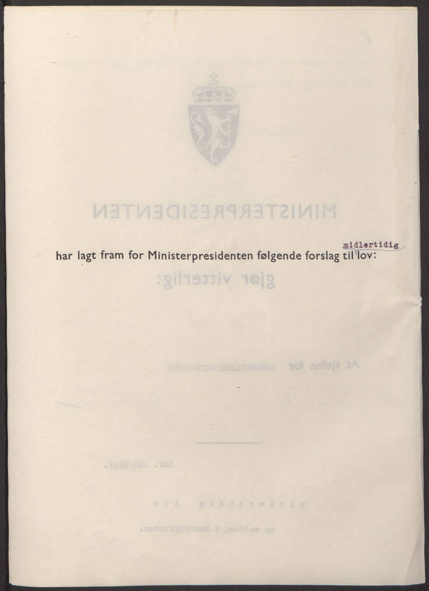 NS-administrasjonen 1940-1945 (Statsrådsekretariatet, de kommisariske statsråder mm), RA/S-4279/D/Db/L0098: Lover II, 1942, p. 249