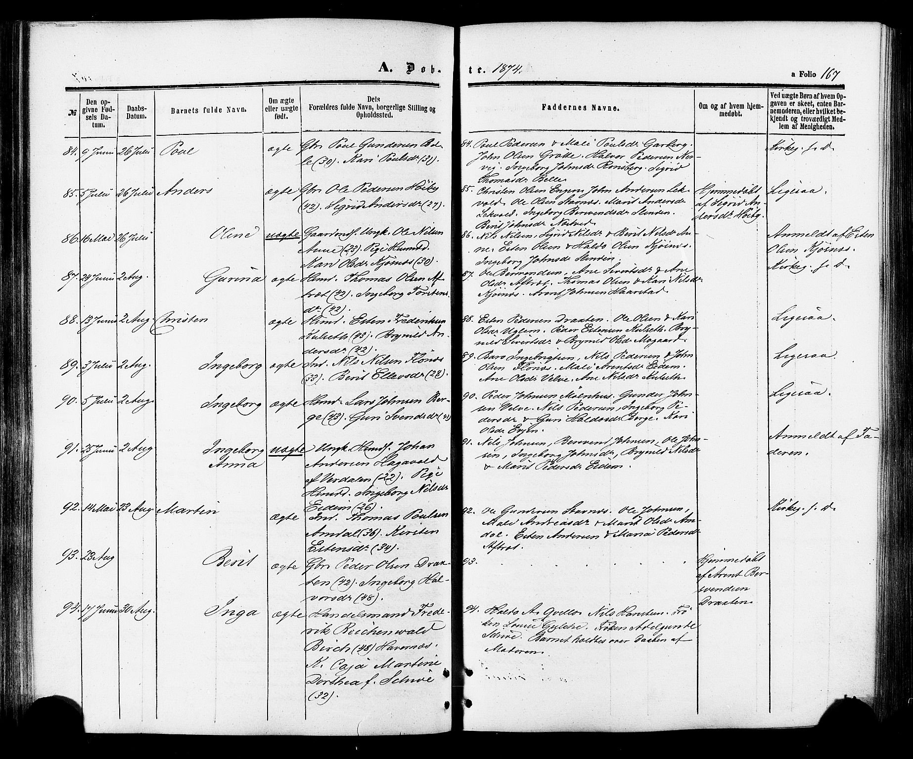 Ministerialprotokoller, klokkerbøker og fødselsregistre - Sør-Trøndelag, SAT/A-1456/695/L1147: Parish register (official) no. 695A07, 1860-1877, p. 167