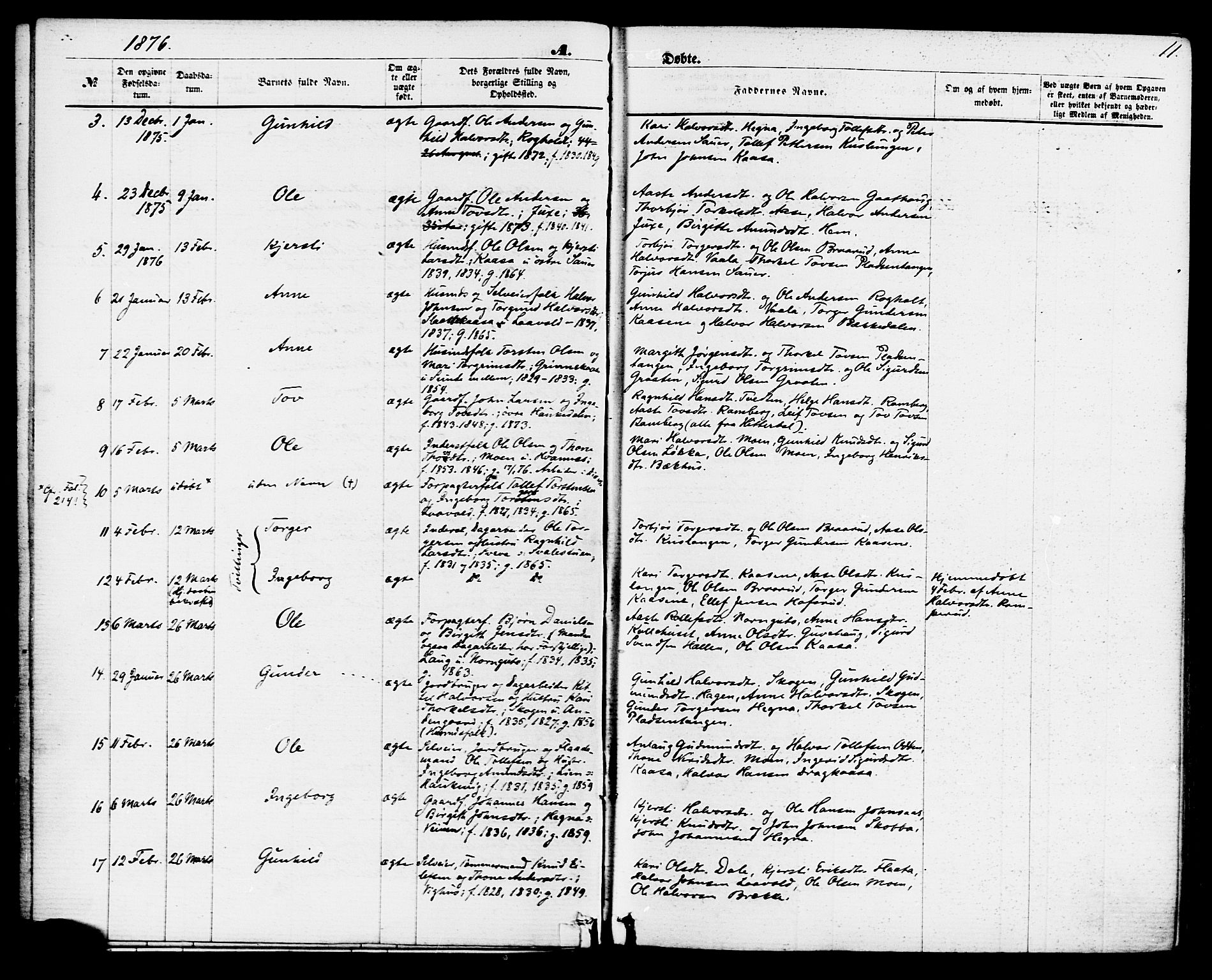Sauherad kirkebøker, SAKO/A-298/F/Fa/L0008: Parish register (official) no. I 8, 1873-1886, p. 11