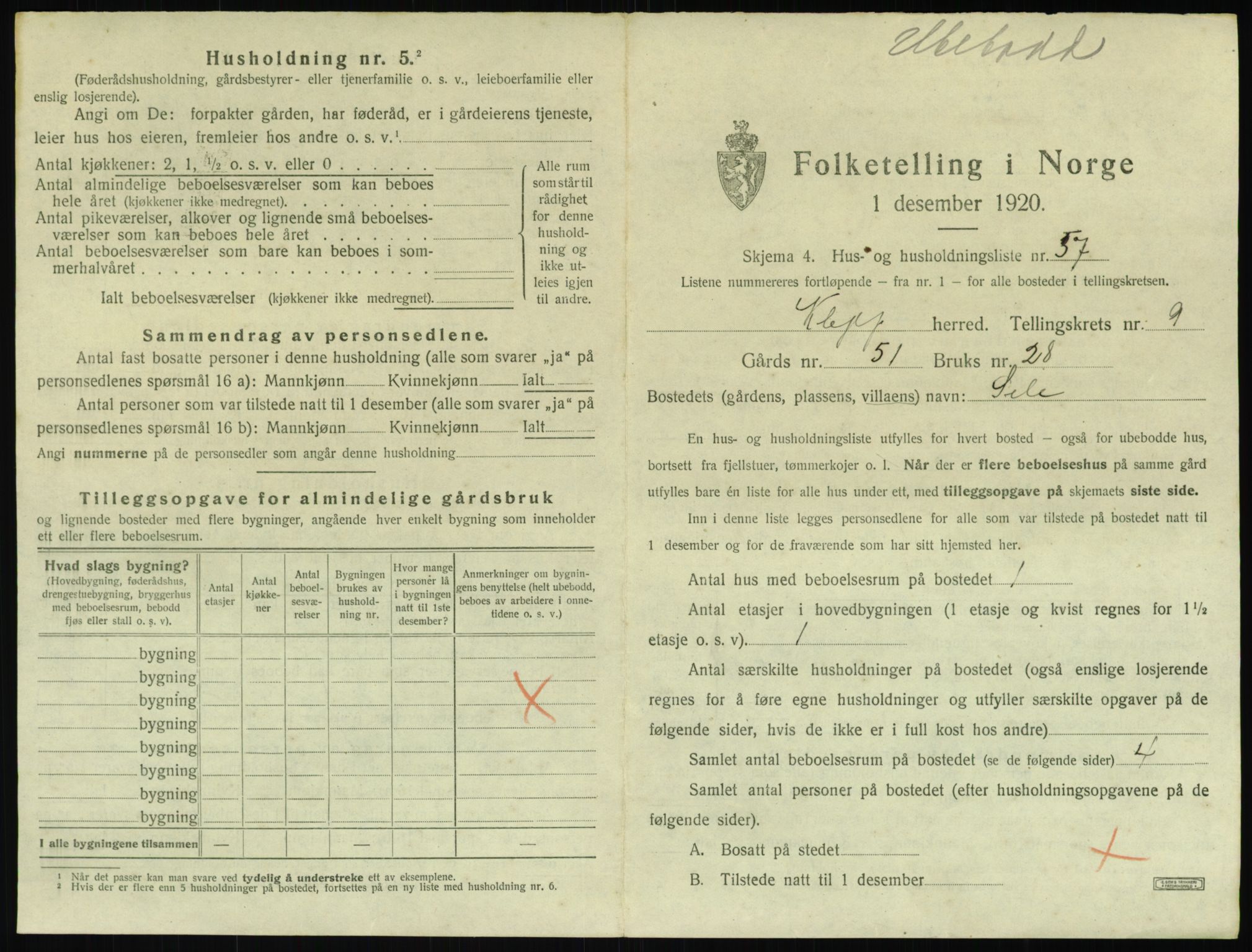 SAST, 1920 census for Klepp, 1920, p. 1178