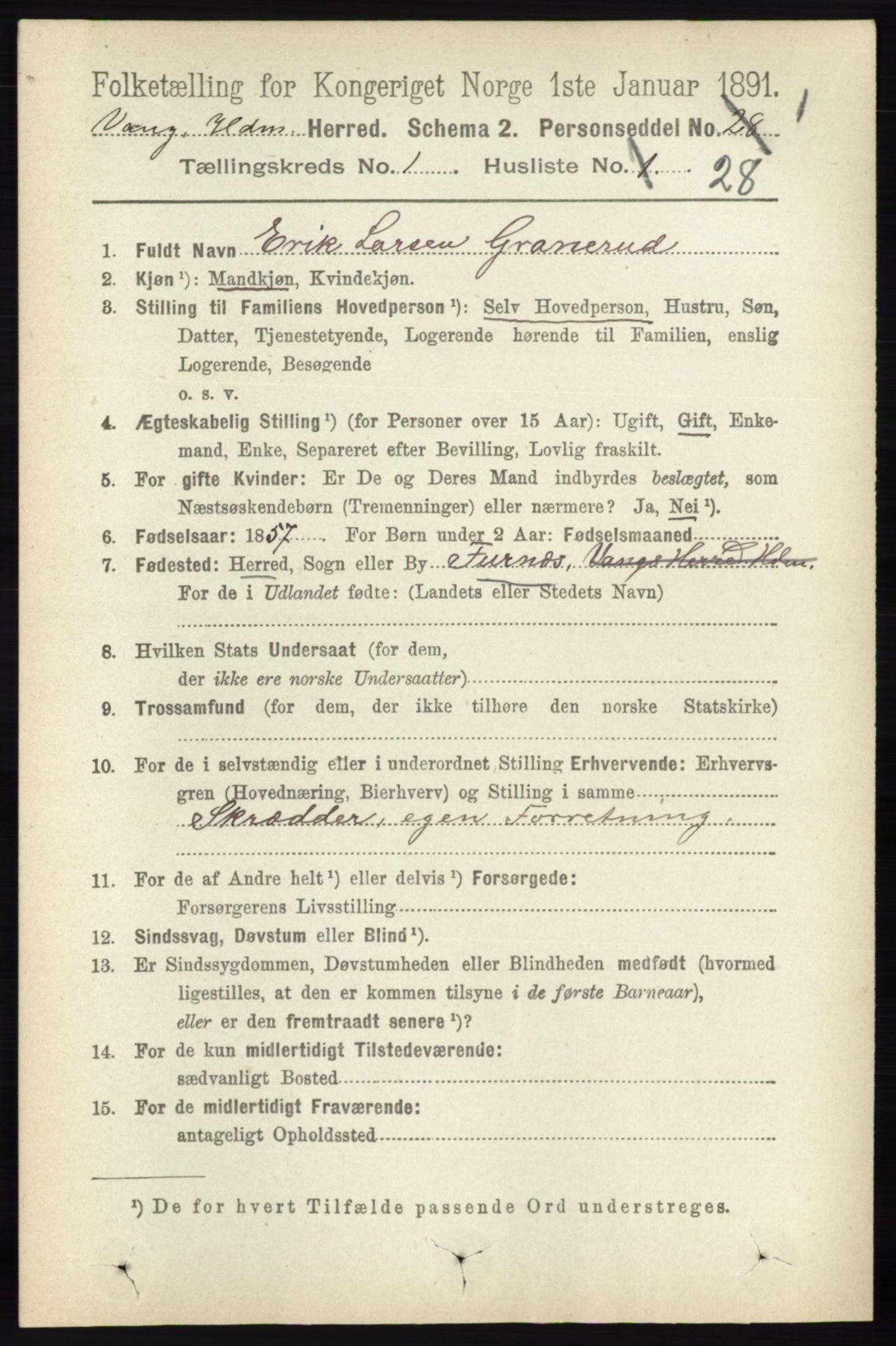 RA, 1891 census for 0414 Vang, 1891, p. 342