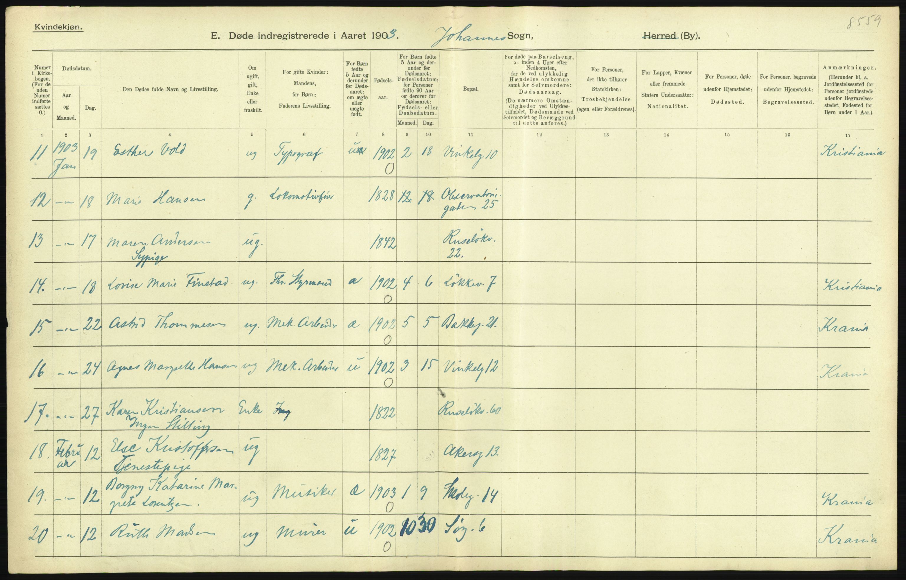 Statistisk sentralbyrå, Sosiodemografiske emner, Befolkning, AV/RA-S-2228/D/Df/Dfa/Dfaa/L0004: Kristiania: Gifte, døde, 1903, p. 177