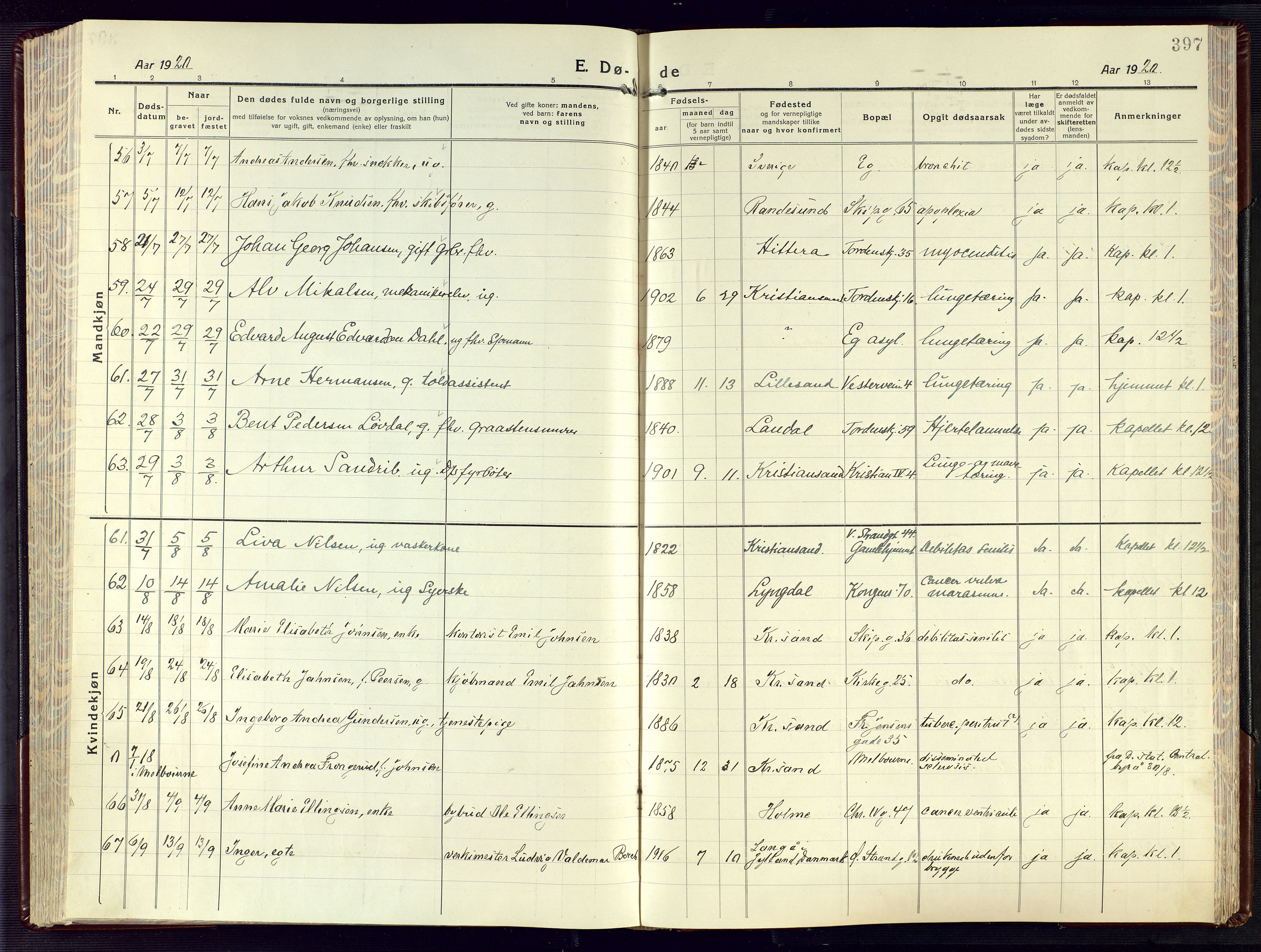 Kristiansand domprosti, AV/SAK-1112-0006/F/Fa/L0028: Parish register (official) no. A 27, 1917-1926, p. 397