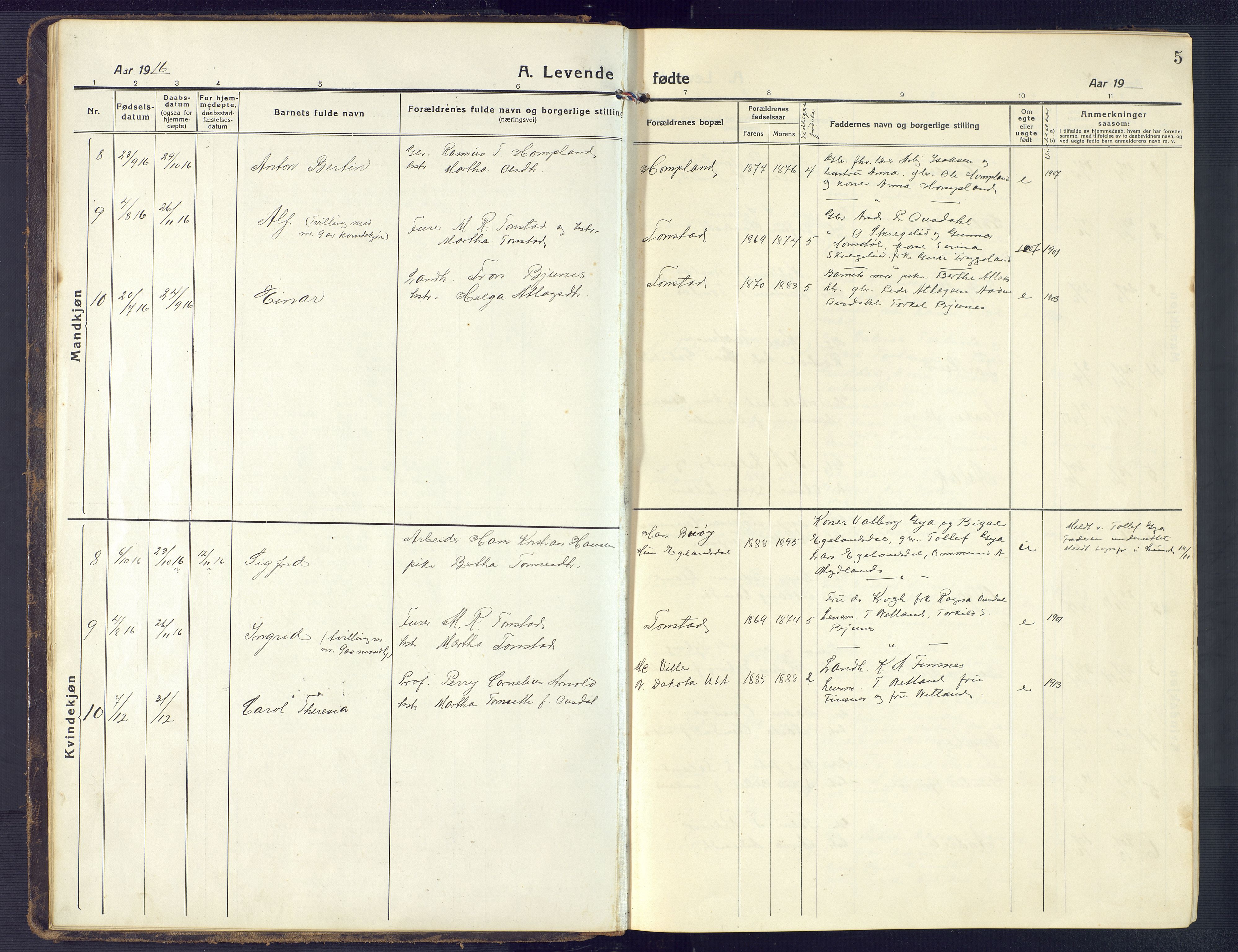 Sirdal sokneprestkontor, SAK/1111-0036/F/Fb/Fbb/L0005: Parish register (copy) no. B 5, 1916-1960, p. 5
