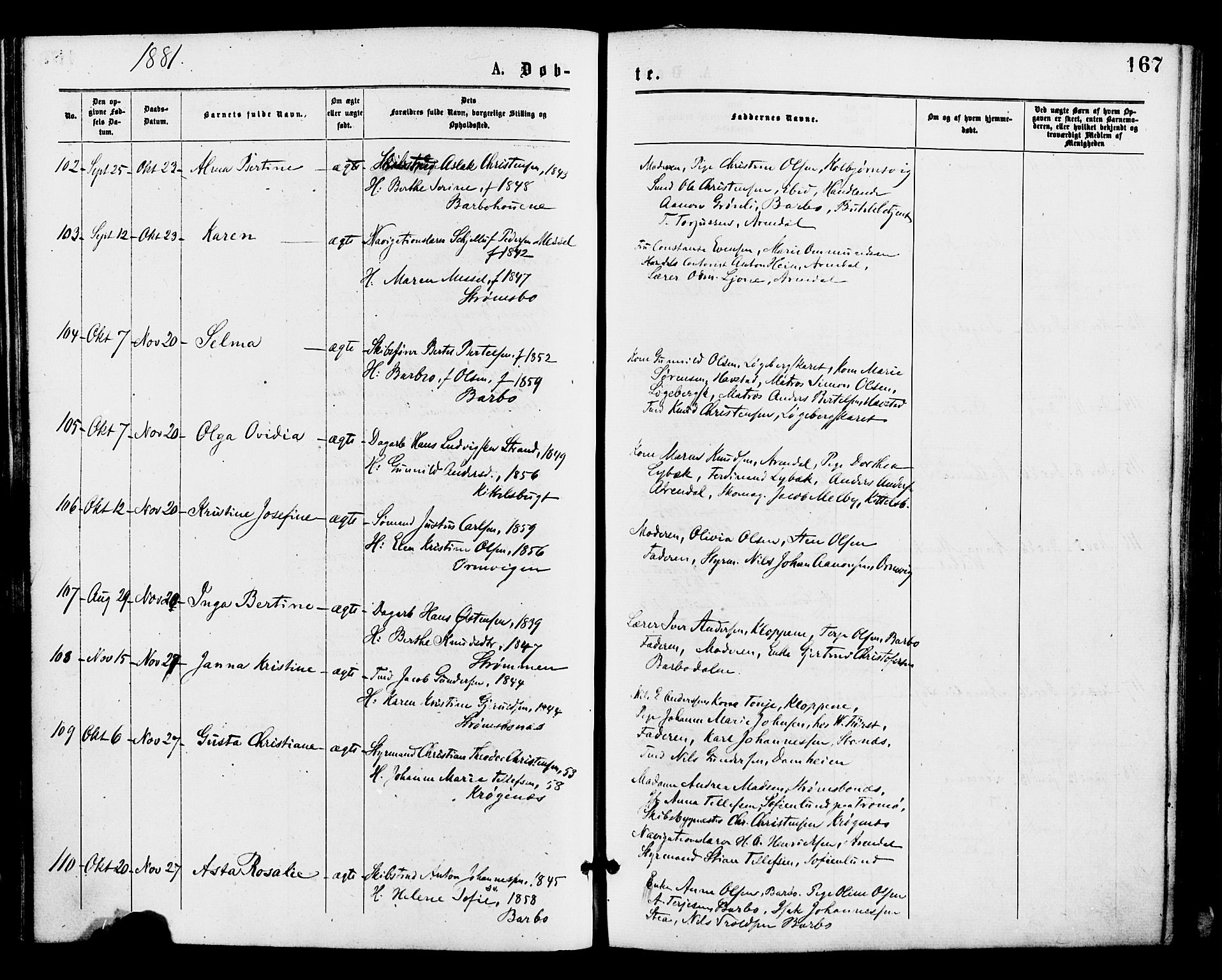 Barbu sokneprestkontor, AV/SAK-1111-0003/F/Fa/L0001: Parish register (official) no. A 1 /1, 1878-1883, p. 167