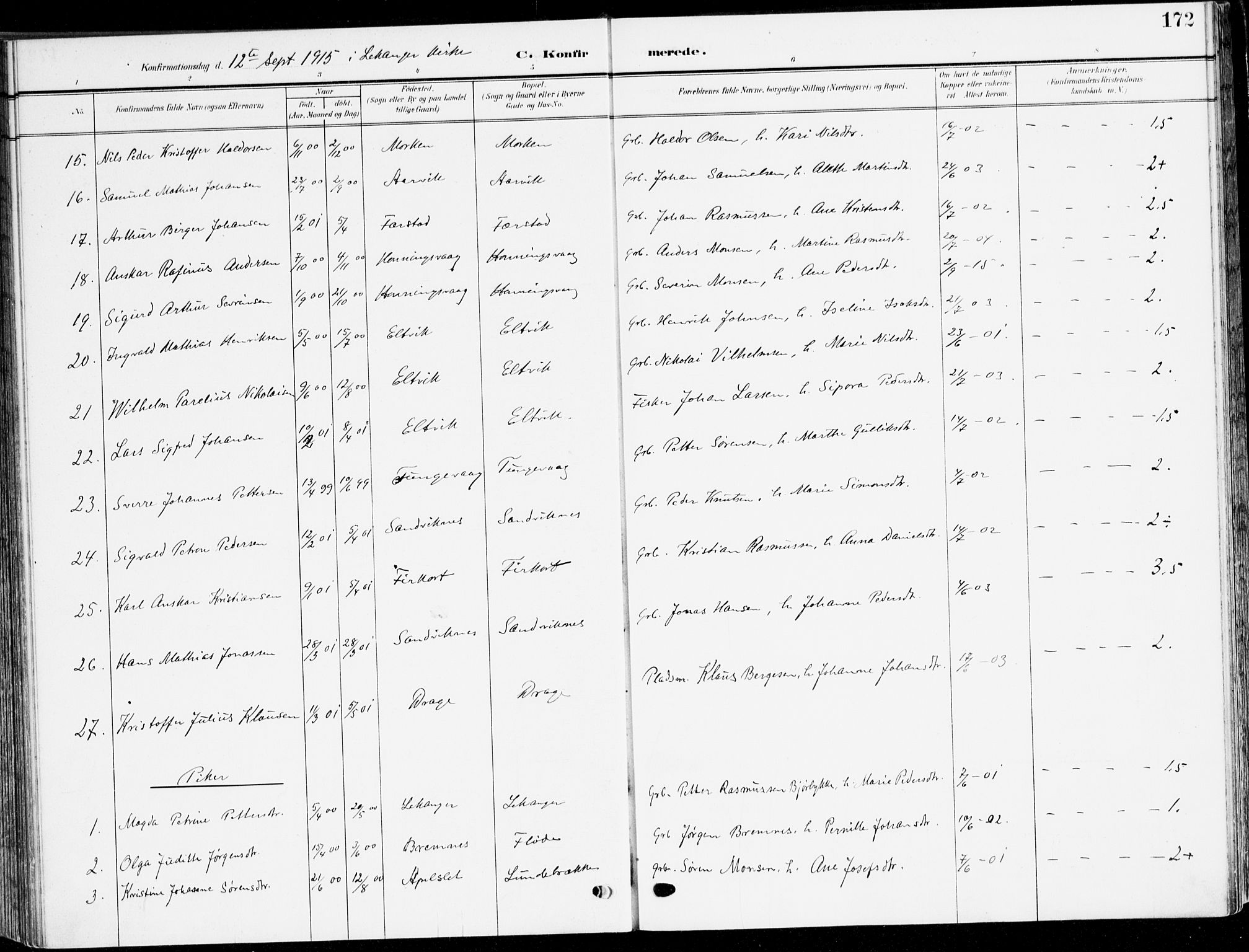 Selje sokneprestembete, AV/SAB-A-99938/H/Ha/Haa/Haab: Parish register (official) no. B 3, 1908-1923, p. 172