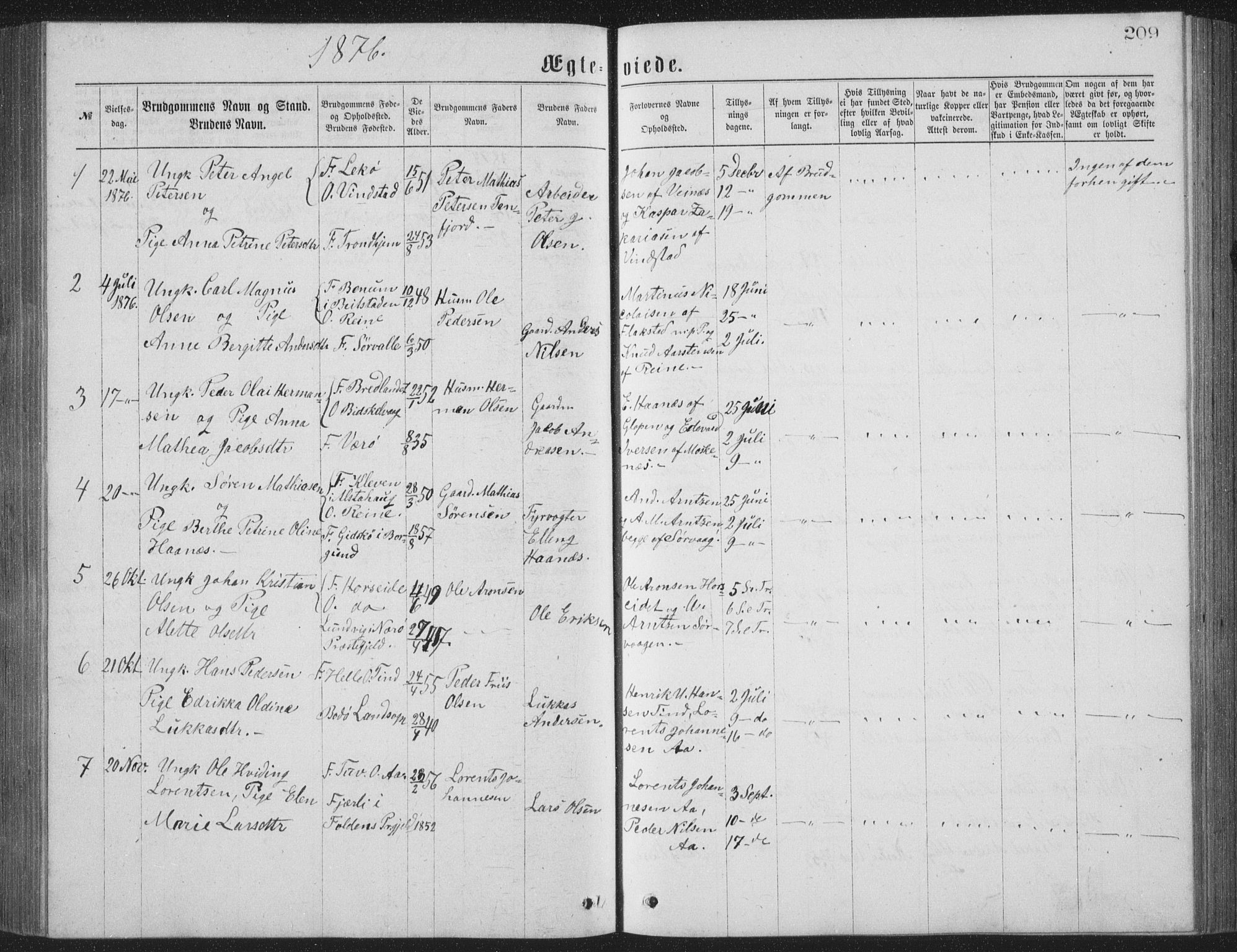 Ministerialprotokoller, klokkerbøker og fødselsregistre - Nordland, AV/SAT-A-1459/886/L1225: Parish register (copy) no. 886C02, 1874-1896, p. 209